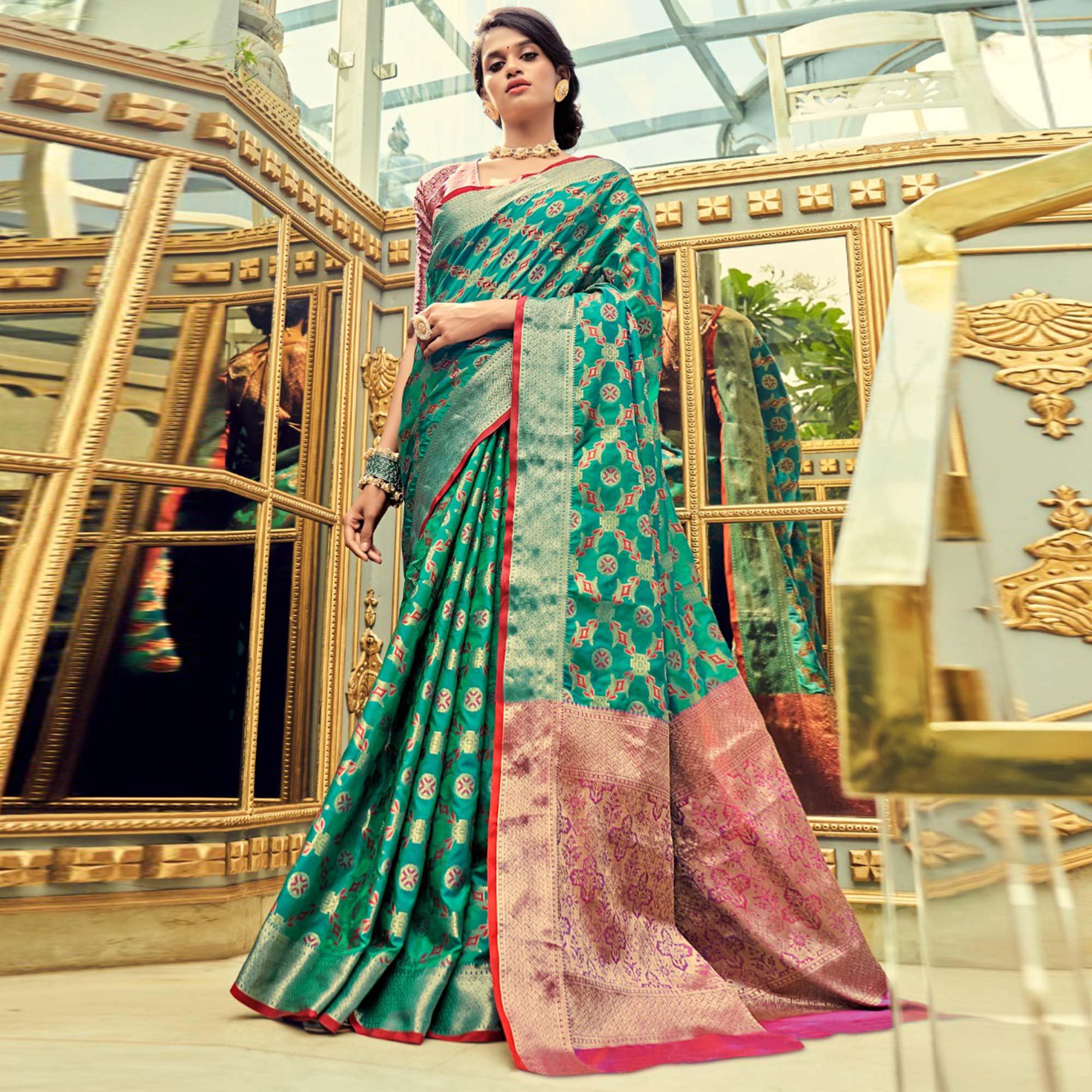 Rama Green Festive Wear Woven Zari Potola Silk Saree - Peachmode