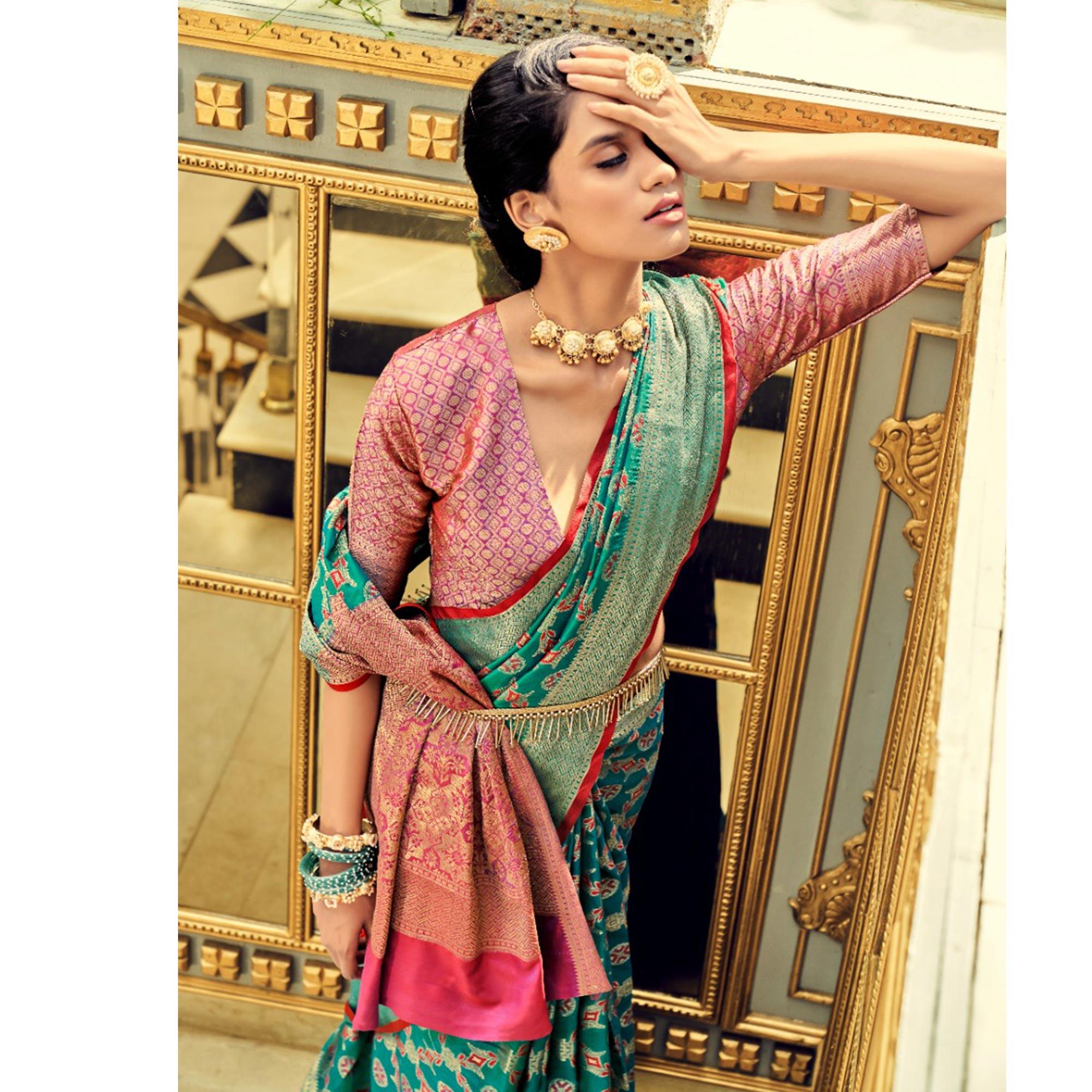 Rama Green Festive Wear Woven Zari Potola Silk Saree - Peachmode
