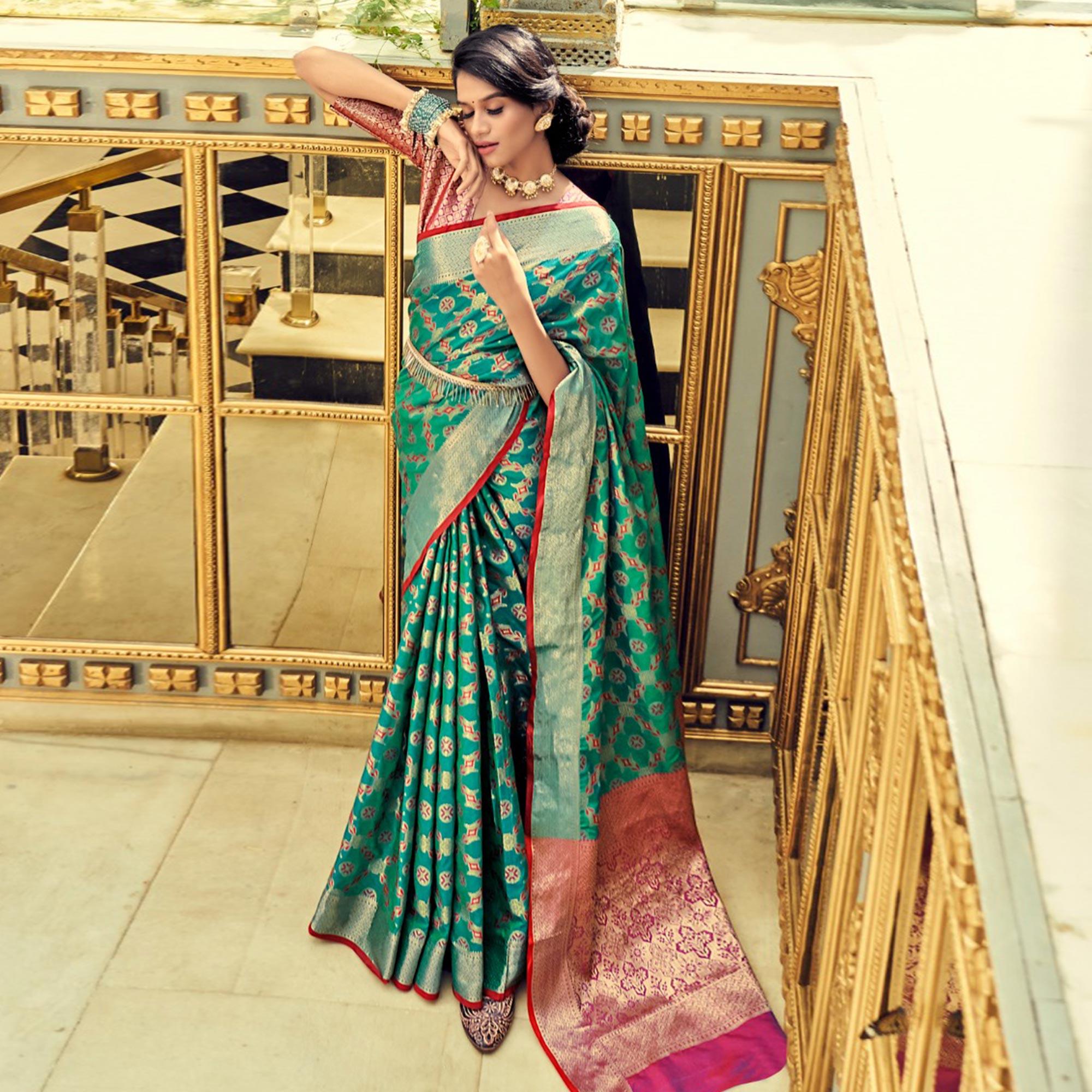 Rama Green Festive Wear Woven Zari Potola Silk Saree - Peachmode