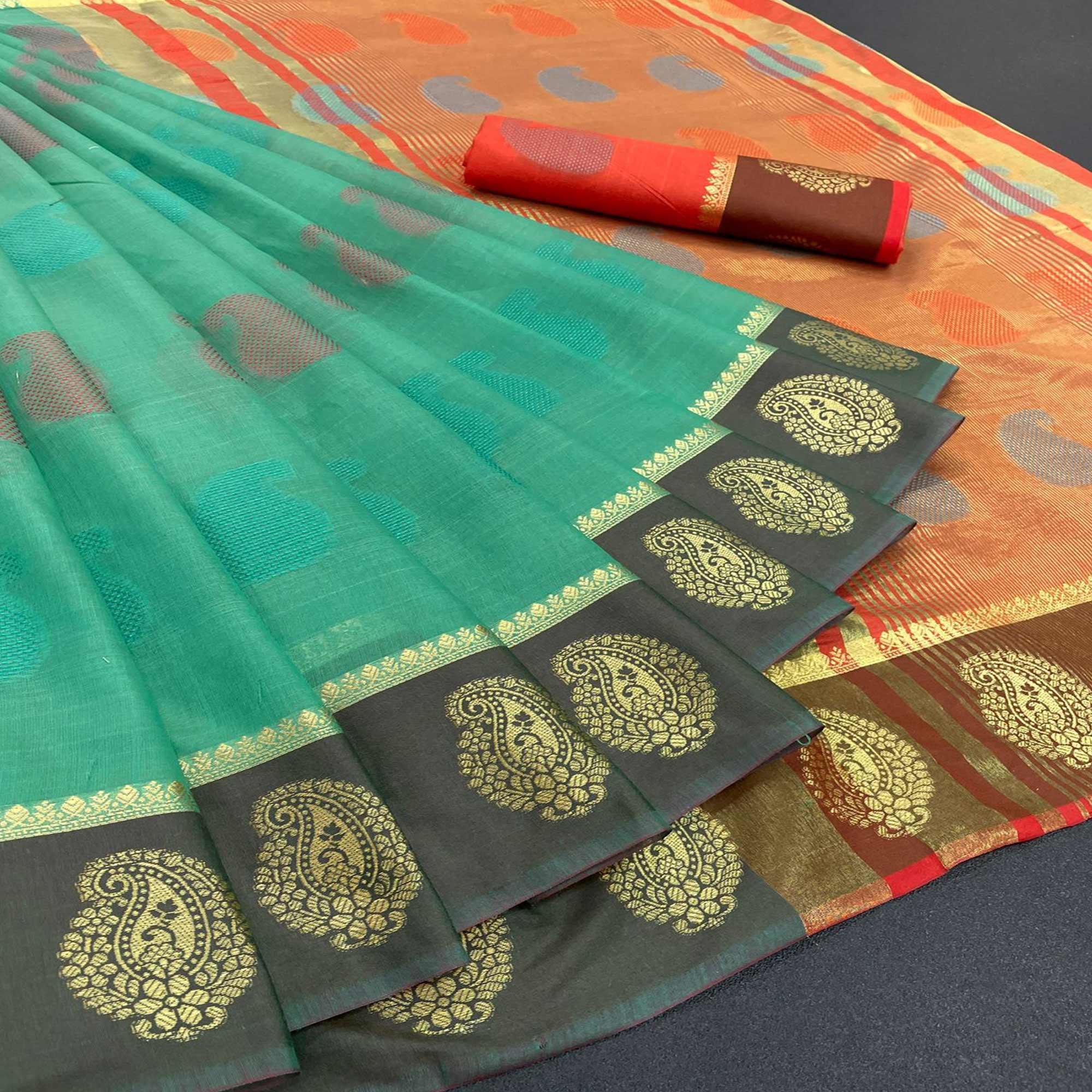 Rama Green Festive Wear Zari Woven Soft Cotton Silk Saree - Peachmode