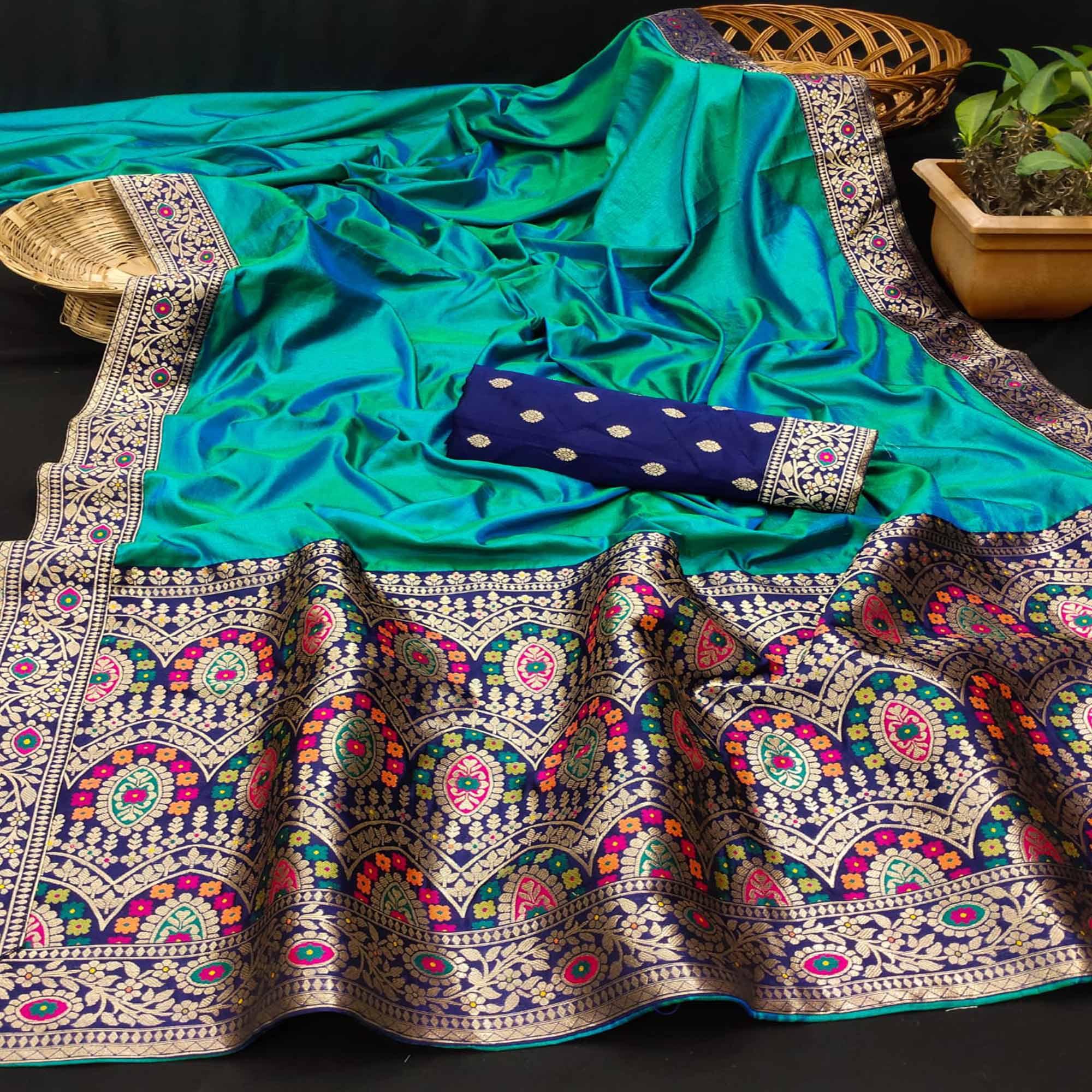 Rama Green Festive Wear Zari Woven With Jacquard Lace & Pallu Sana Silk Saree - Peachmode