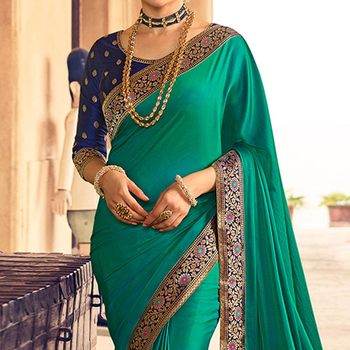 Rama Green Festive Wear Zari Woven With Jacquard Lace & Pallu Sana Silk Saree - Peachmode