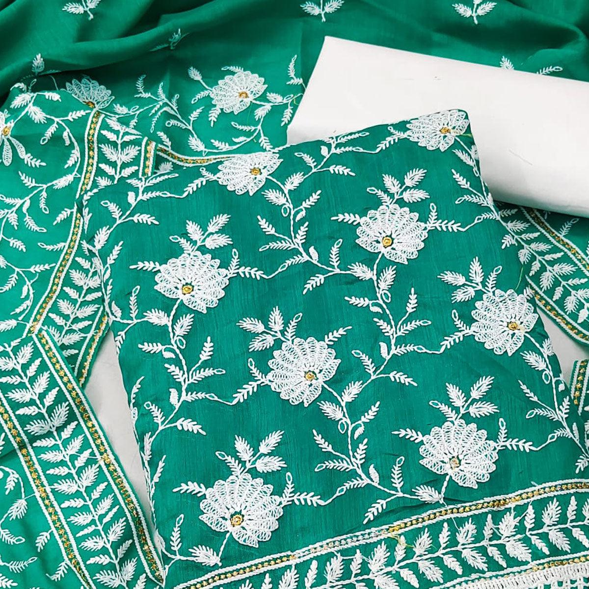 Rama Green Floral Embroidered Muslin Dress Material - Peachmode