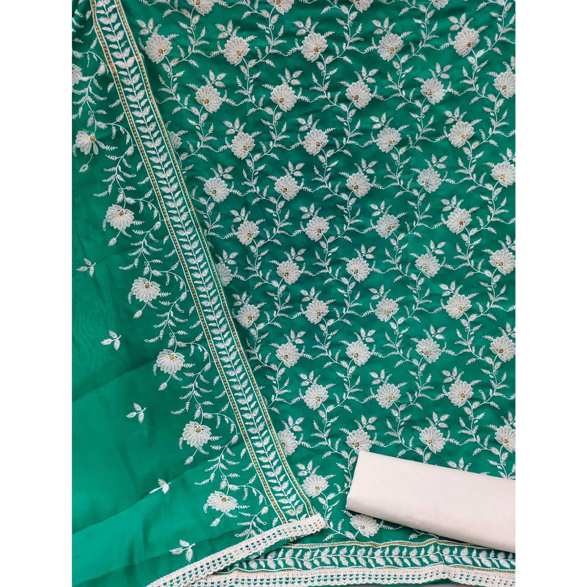 Rama Green Floral Embroidered Muslin Dress Material - Peachmode