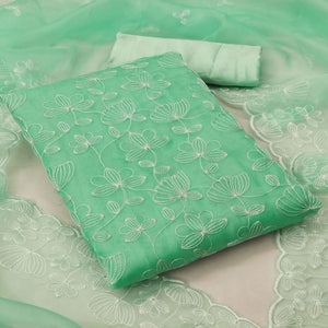 Rama Green Floral Embroidered Organza Dress Material - Peachmode