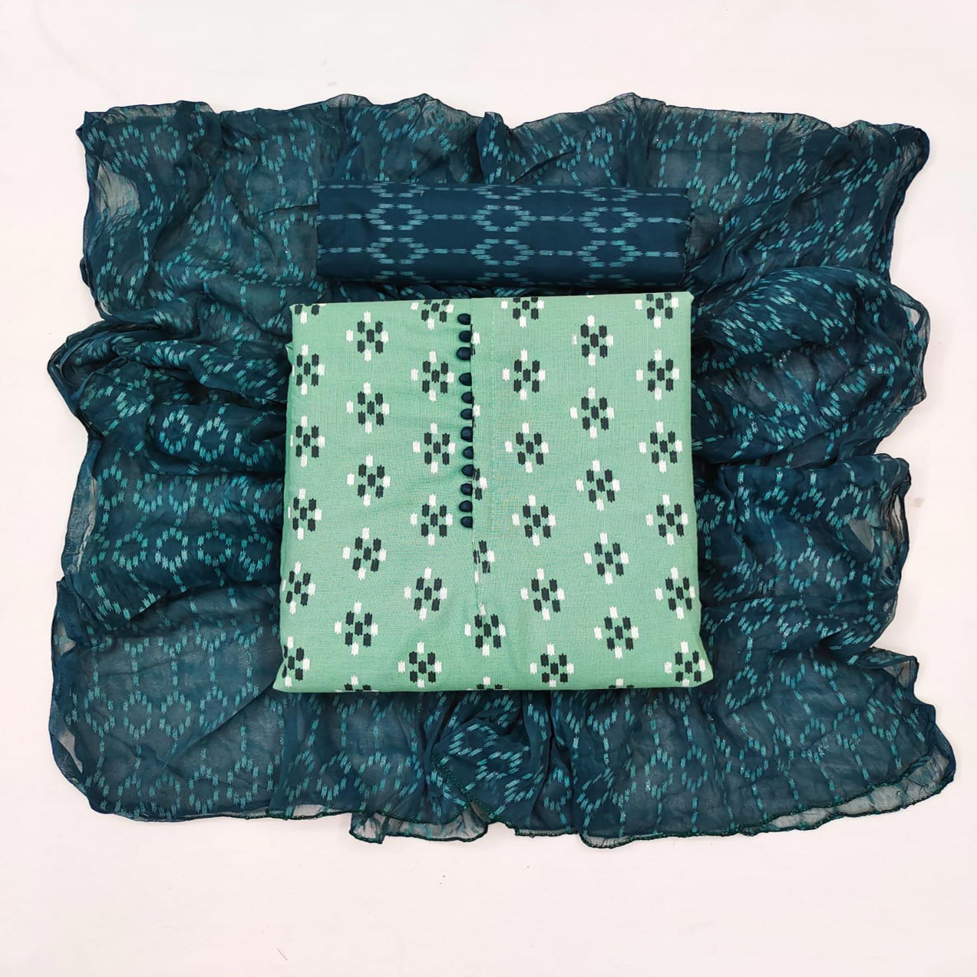 Rama Green Ikkat Printed Poly Cotton Dress Material - Peachmode