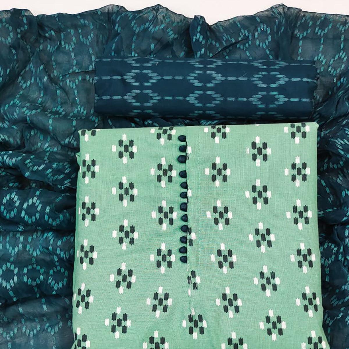 Rama Green Ikkat Printed Poly Cotton Dress Material - Peachmode