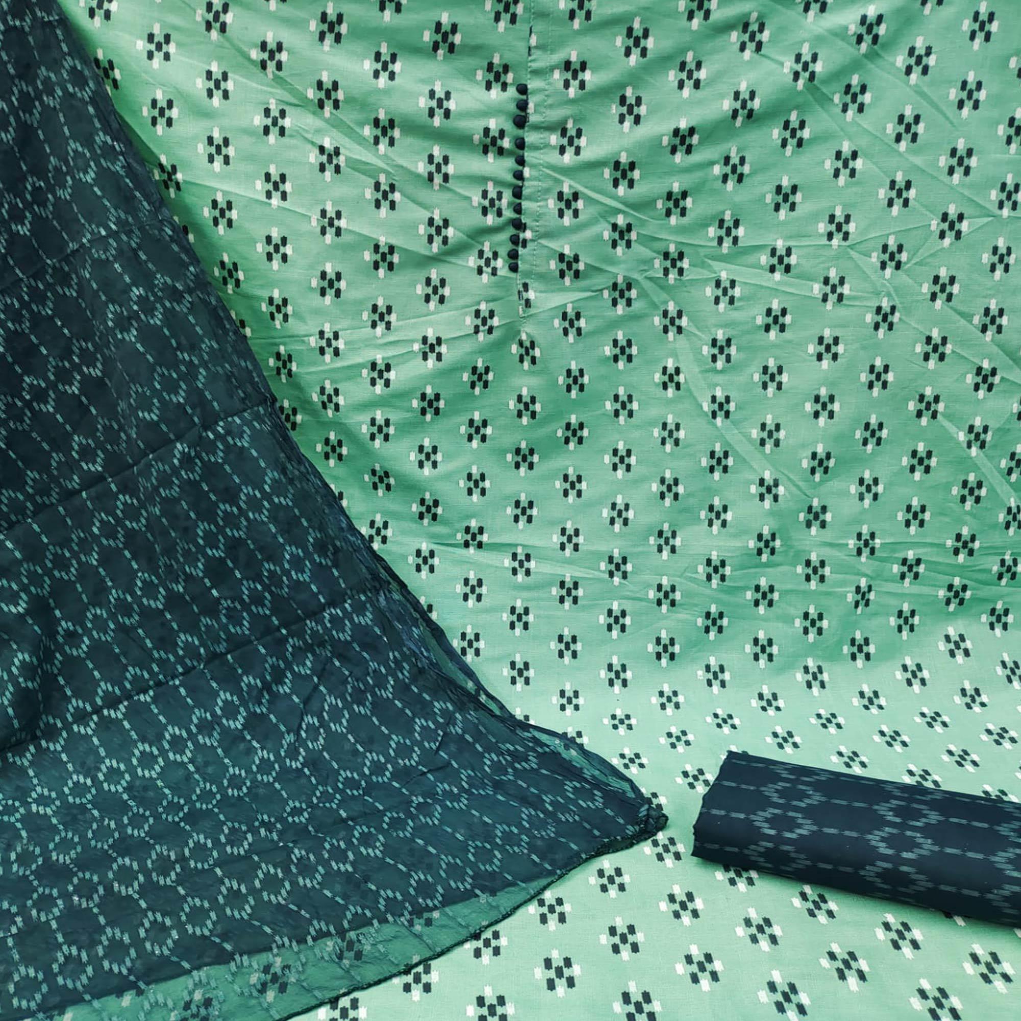 Rama Green Ikkat Printed Poly Cotton Dress Material - Peachmode