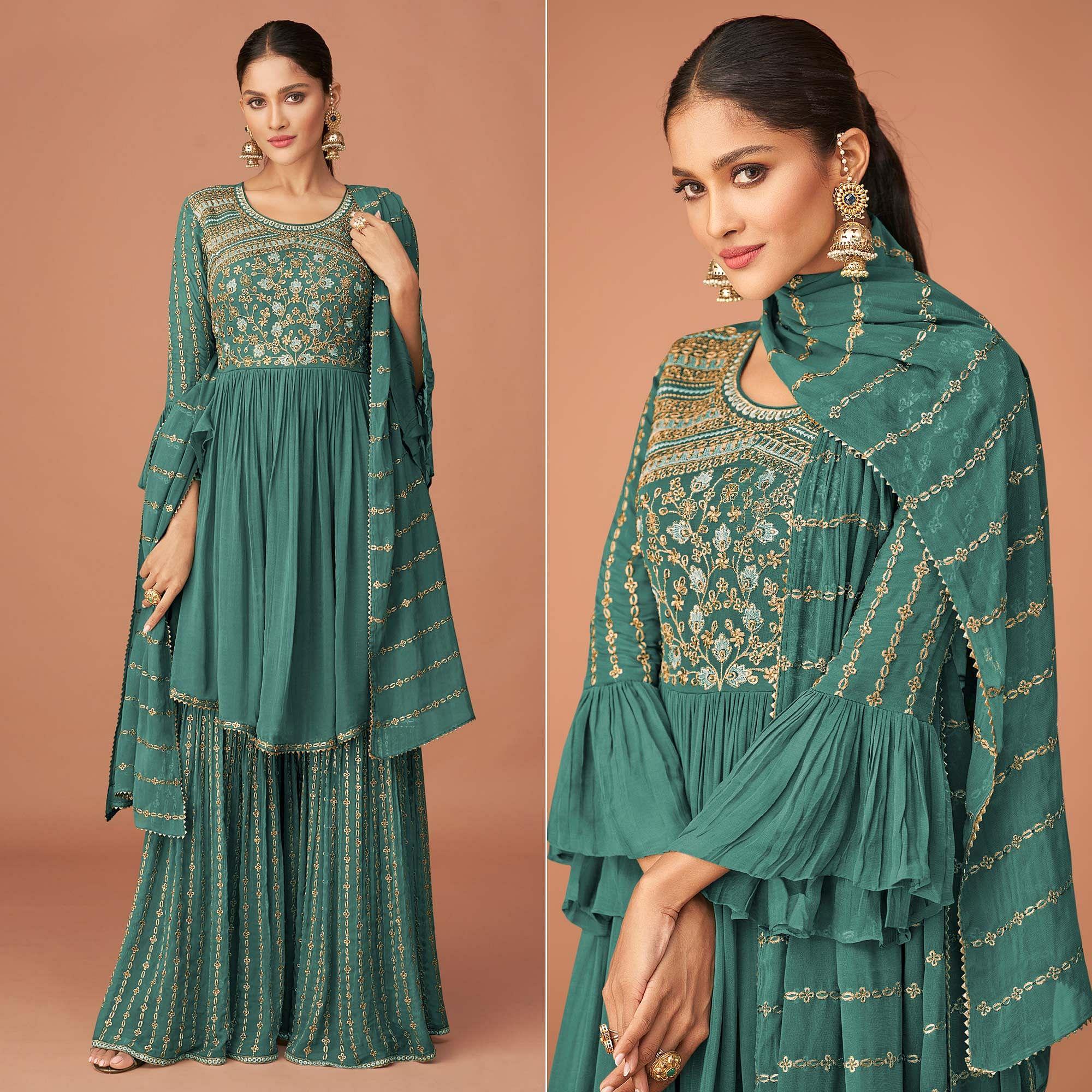 Rama Green Party Wear Embroidered Georgette Sharara Suit - Peachmode