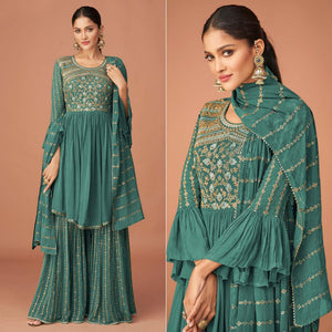 Rama Green Party Wear Embroidered Georgette Sharara Suit - Peachmode