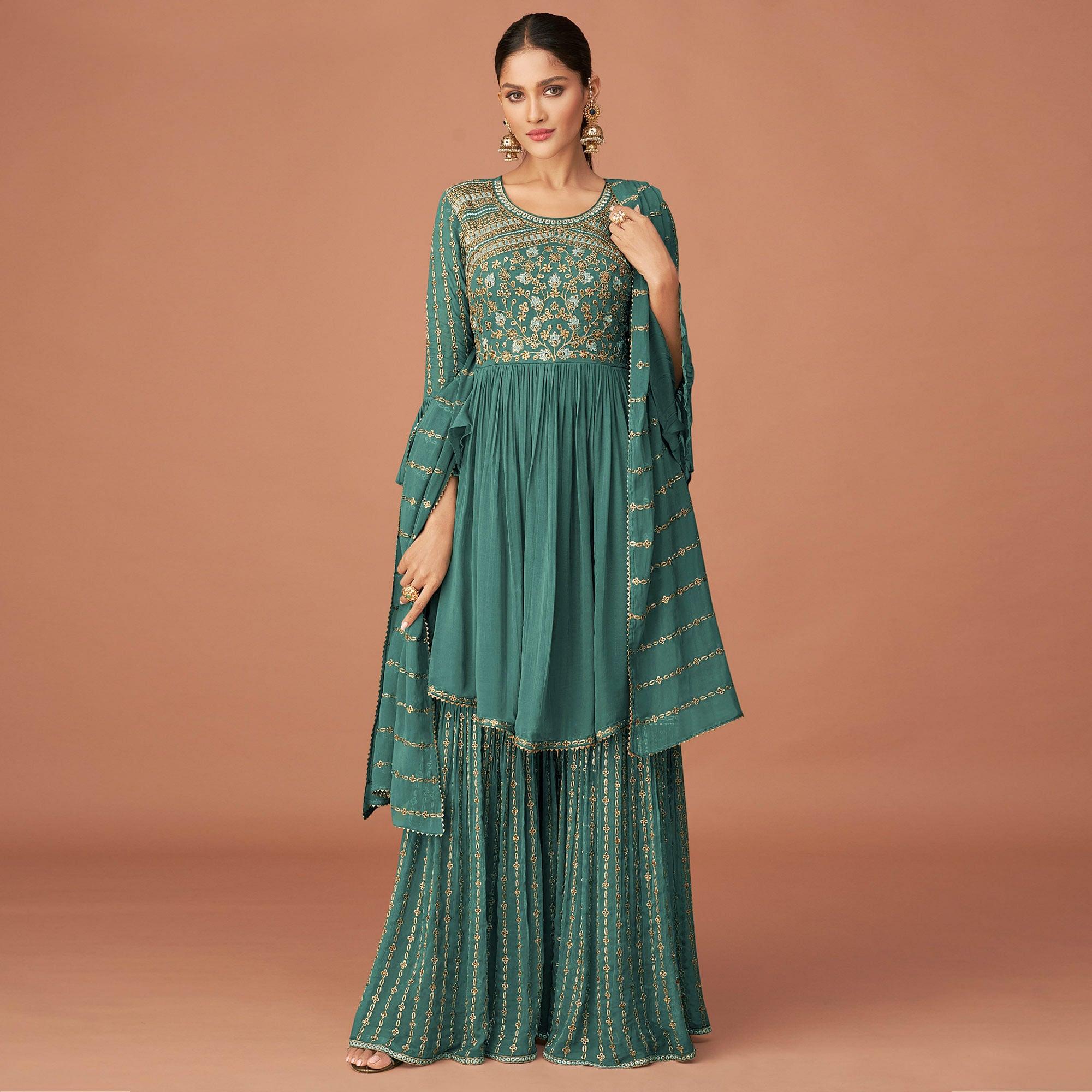 Rama Green Party Wear Embroidered Georgette Sharara Suit - Peachmode