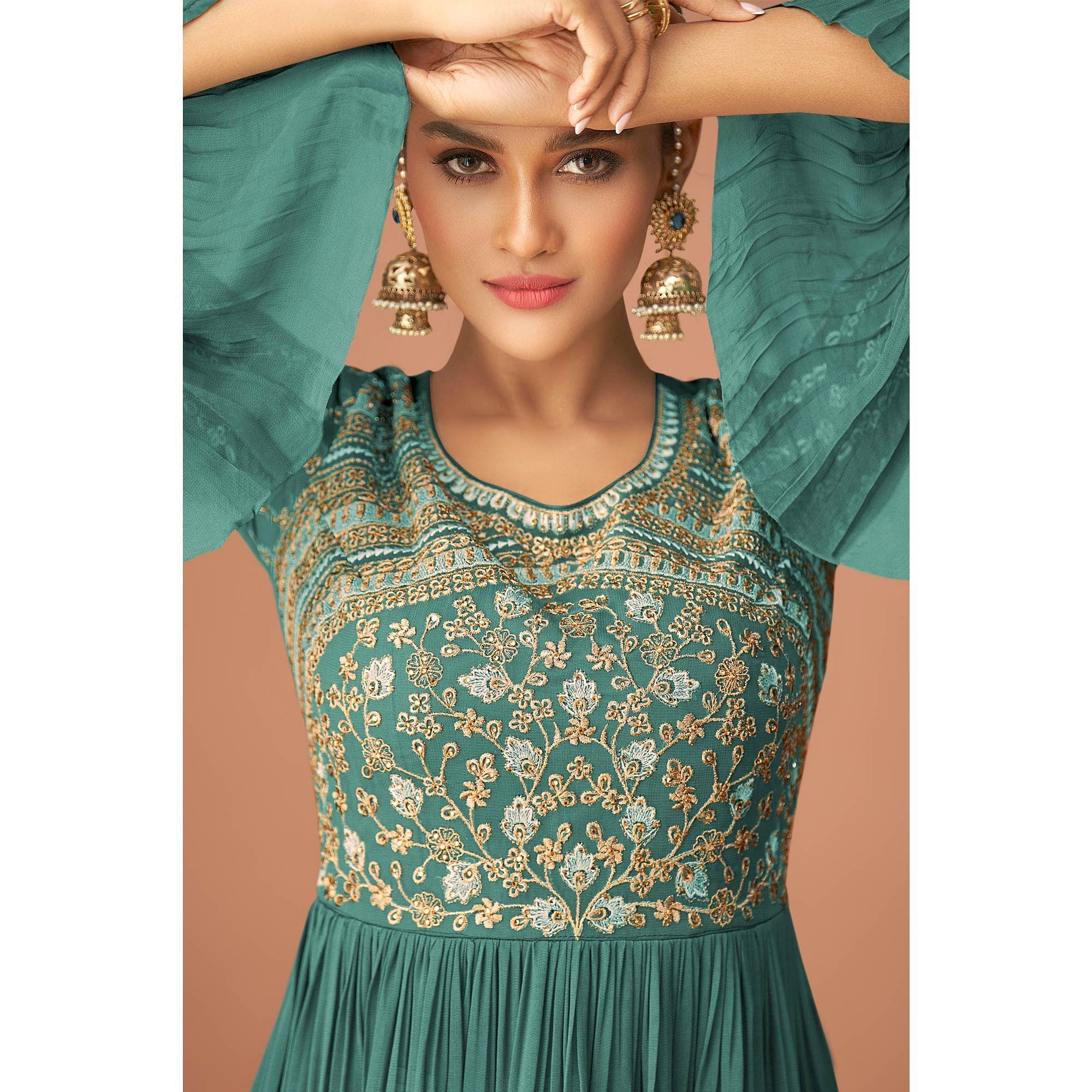 Rama Green Party Wear Embroidered Georgette Sharara Suit - Peachmode