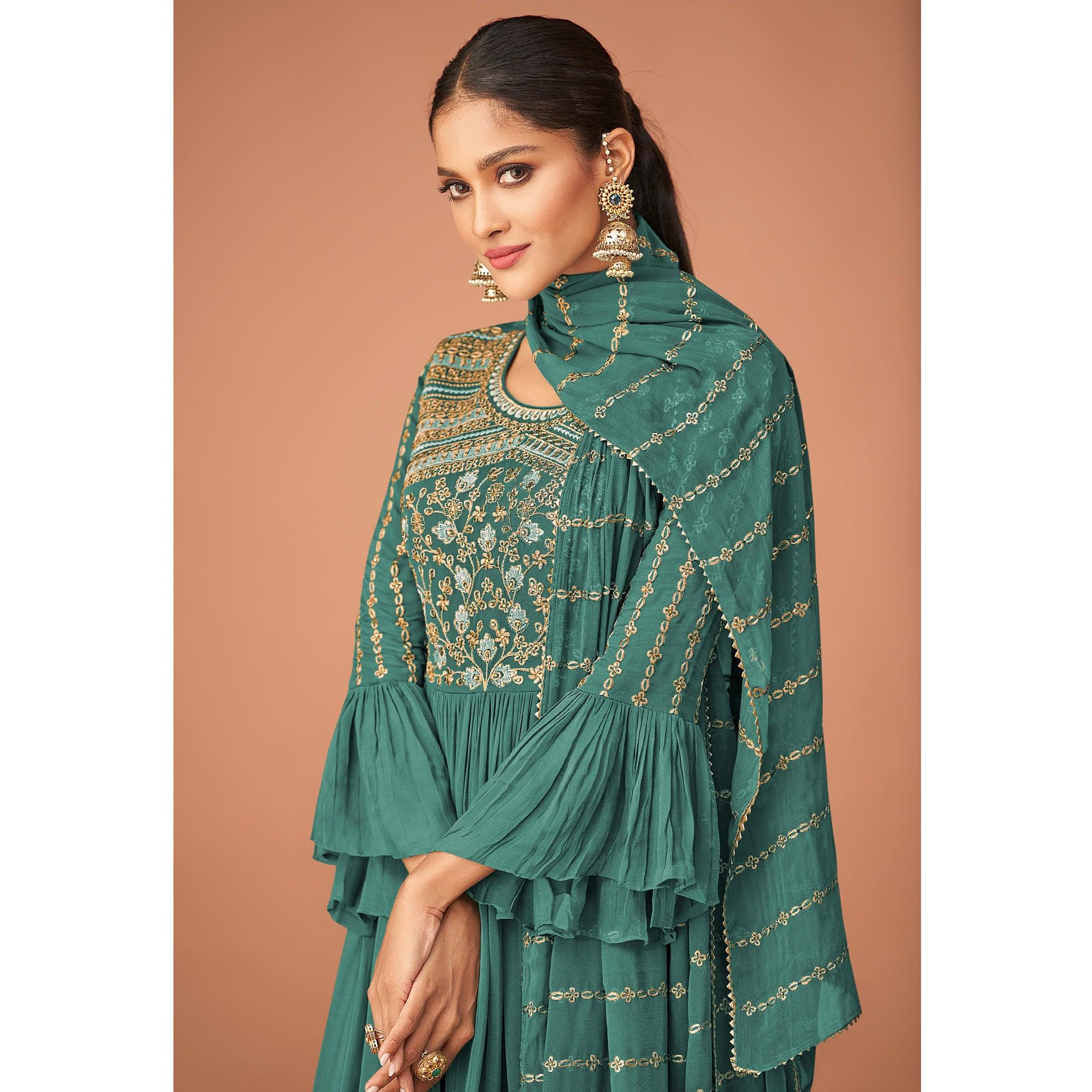 Rama Green Party Wear Embroidered Georgette Sharara Suit - Peachmode