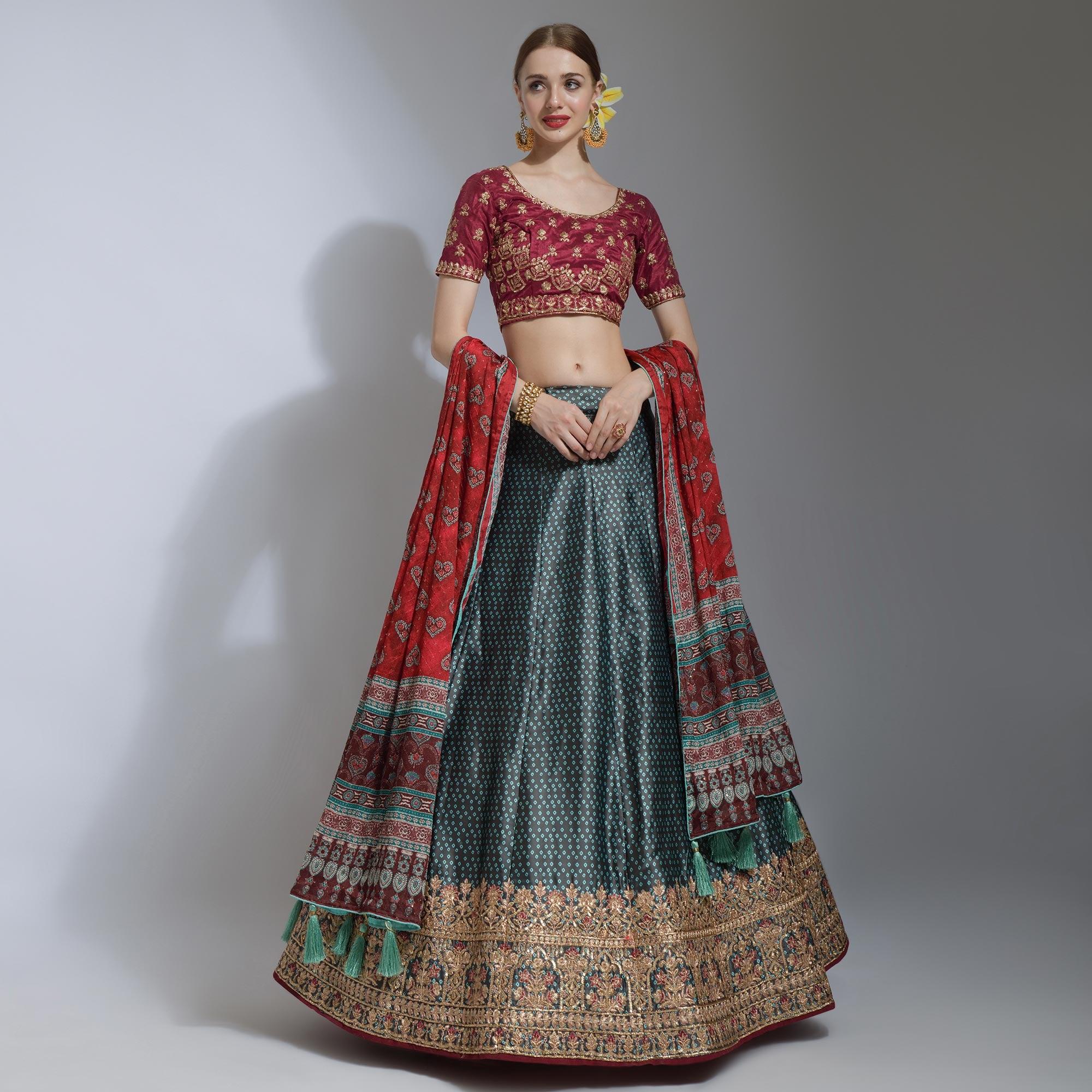 Rama Green Party Wear Embroidered Satin Lehenga Choli - Peachmode