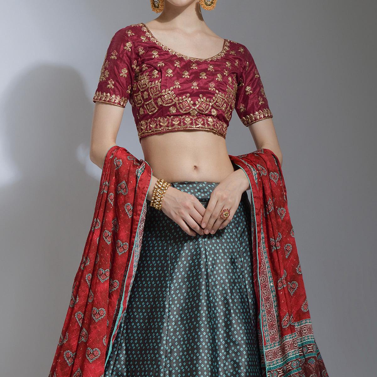 Rama Green Party Wear Embroidered Satin Lehenga Choli - Peachmode