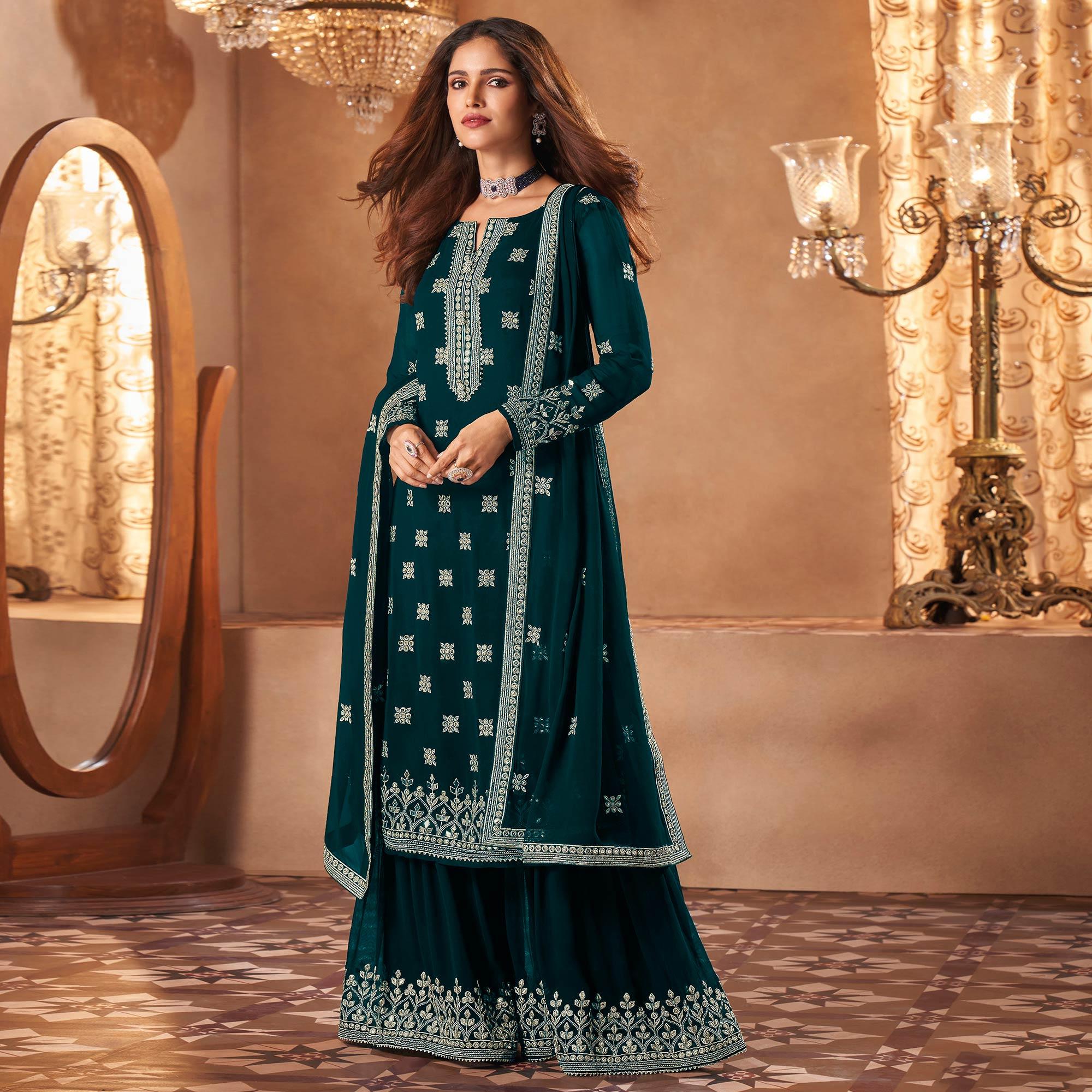 Rama Green Partywear Designer Floral Embroidered Georgette Palazzo Suit - Peachmode