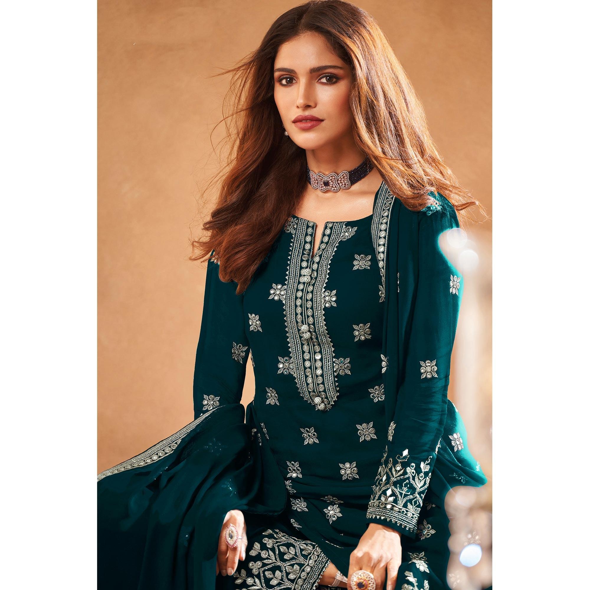 Rama Green Partywear Designer Floral Embroidered Georgette Palazzo Suit - Peachmode