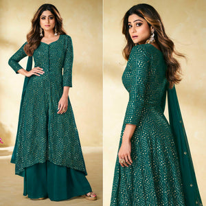 Rama Green Partywear Embellished With Embroidered Georgette Palazzo Suit - Peachmode