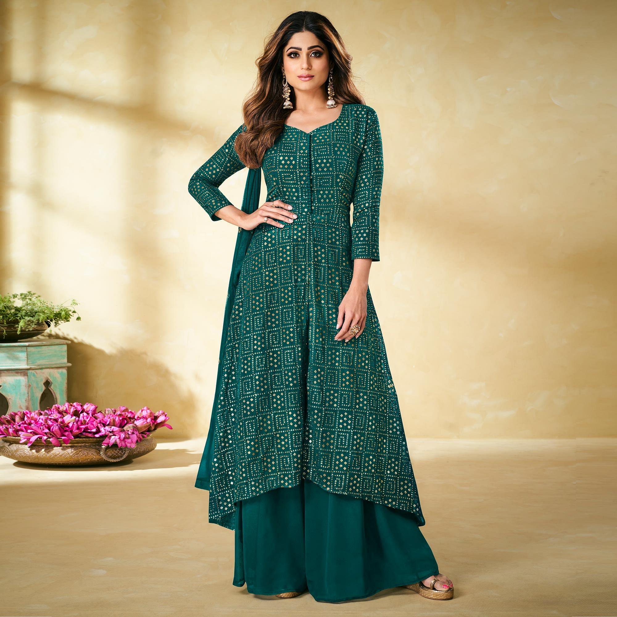 Rama Green Partywear Embellished With Embroidered Georgette Palazzo Suit - Peachmode