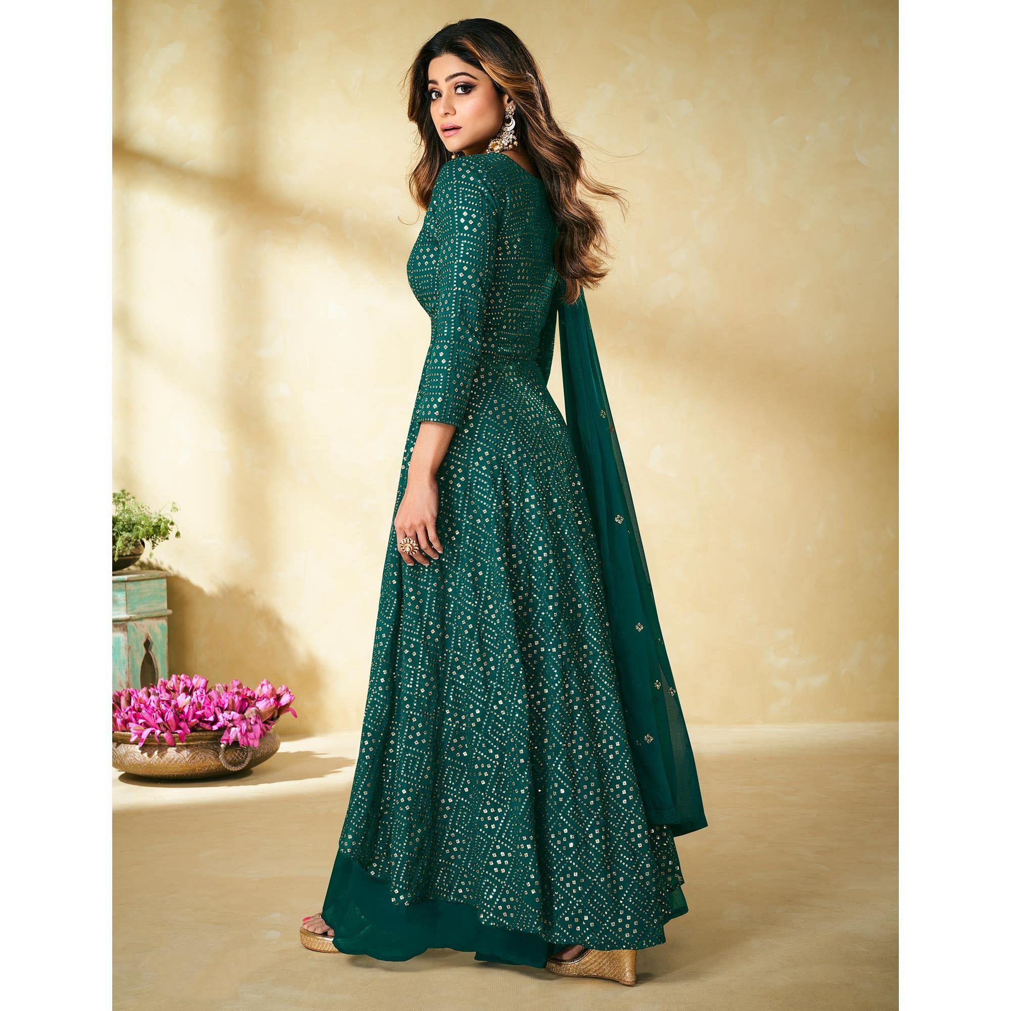 Rama Green Partywear Embellished With Embroidered Georgette Palazzo Suit - Peachmode