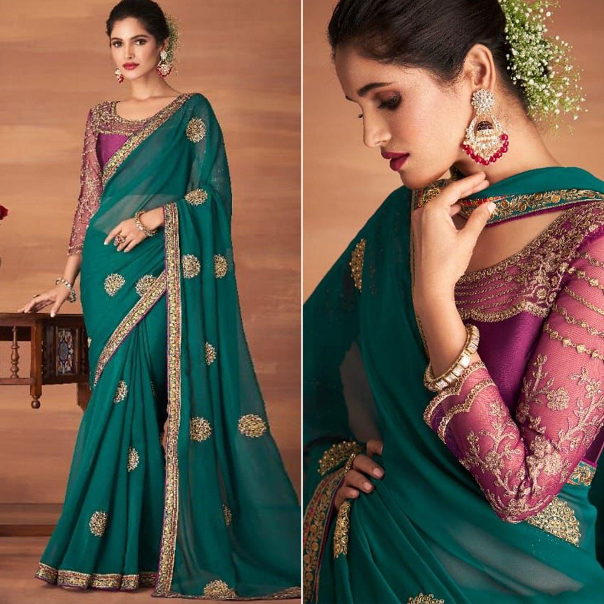 Rama Green Partywear Embroidered Georgette Saree - Peachmode