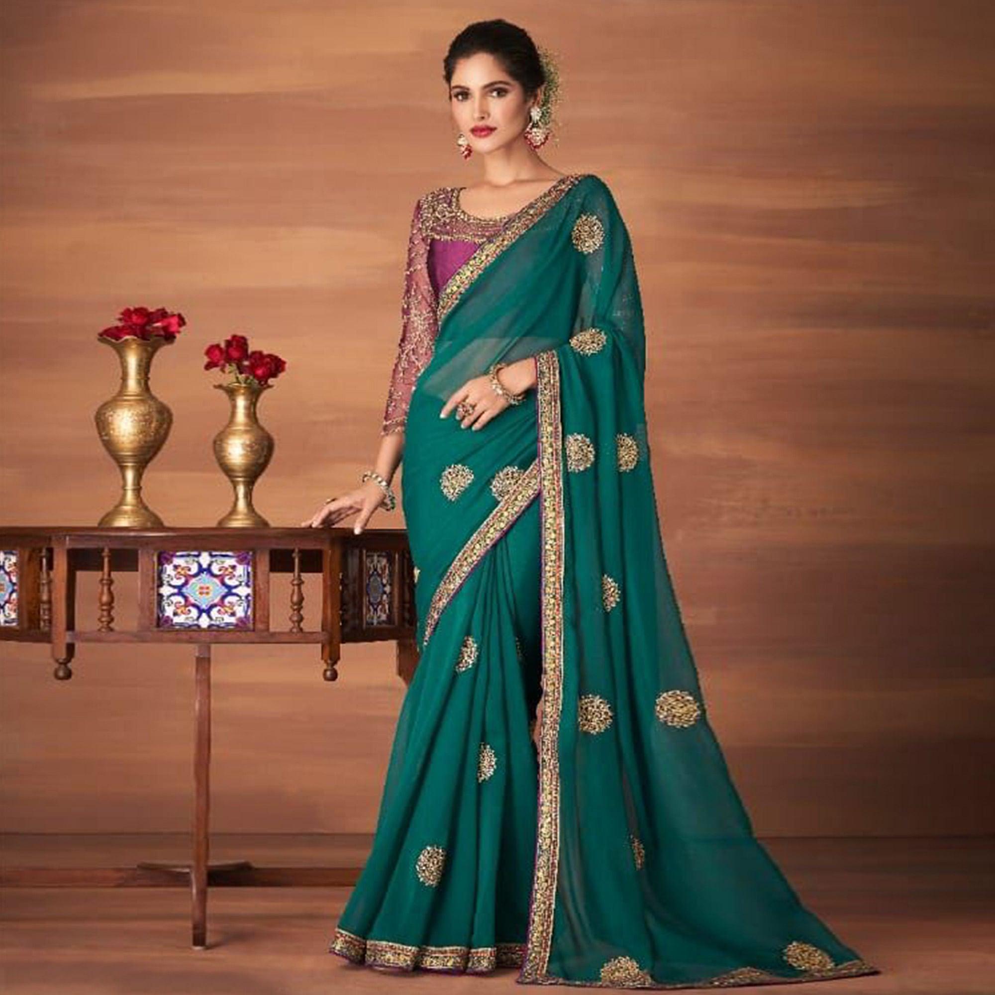 Rama Green Partywear Embroidered Georgette Saree - Peachmode