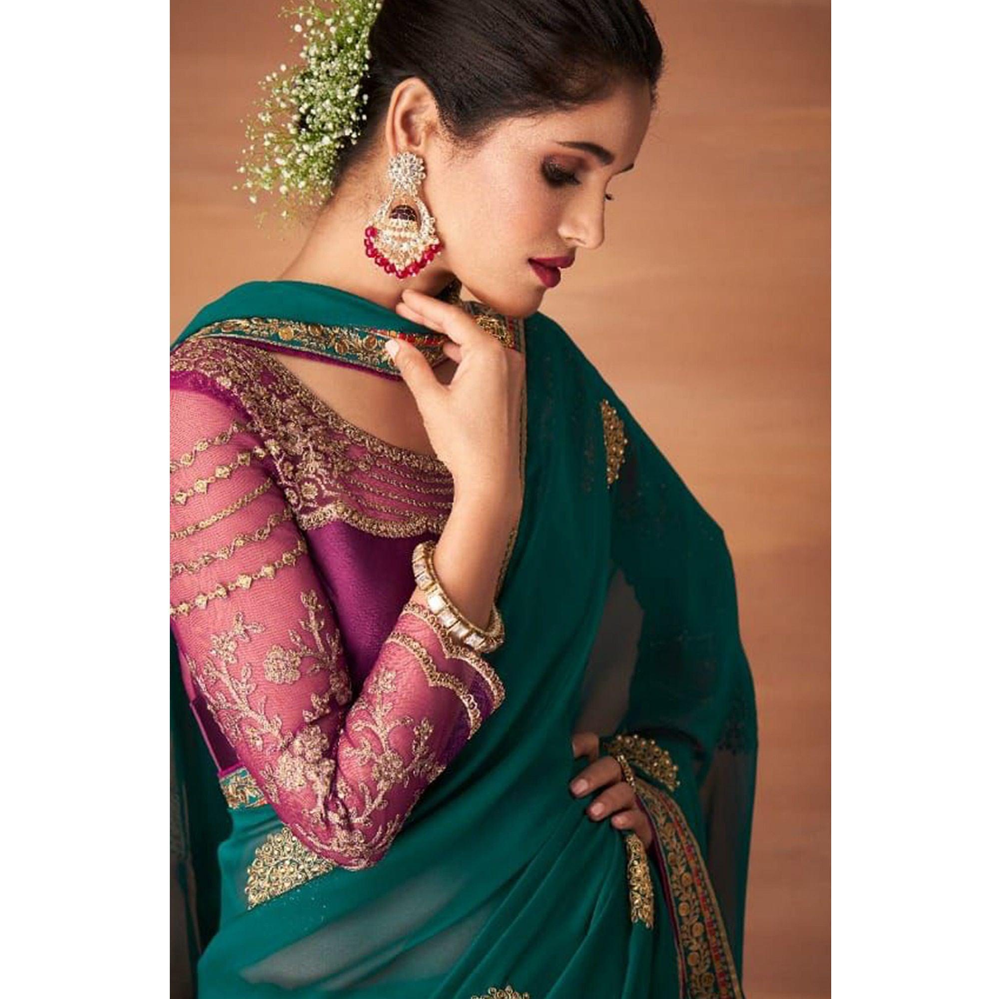 Rama Green Partywear Embroidered Georgette Saree - Peachmode