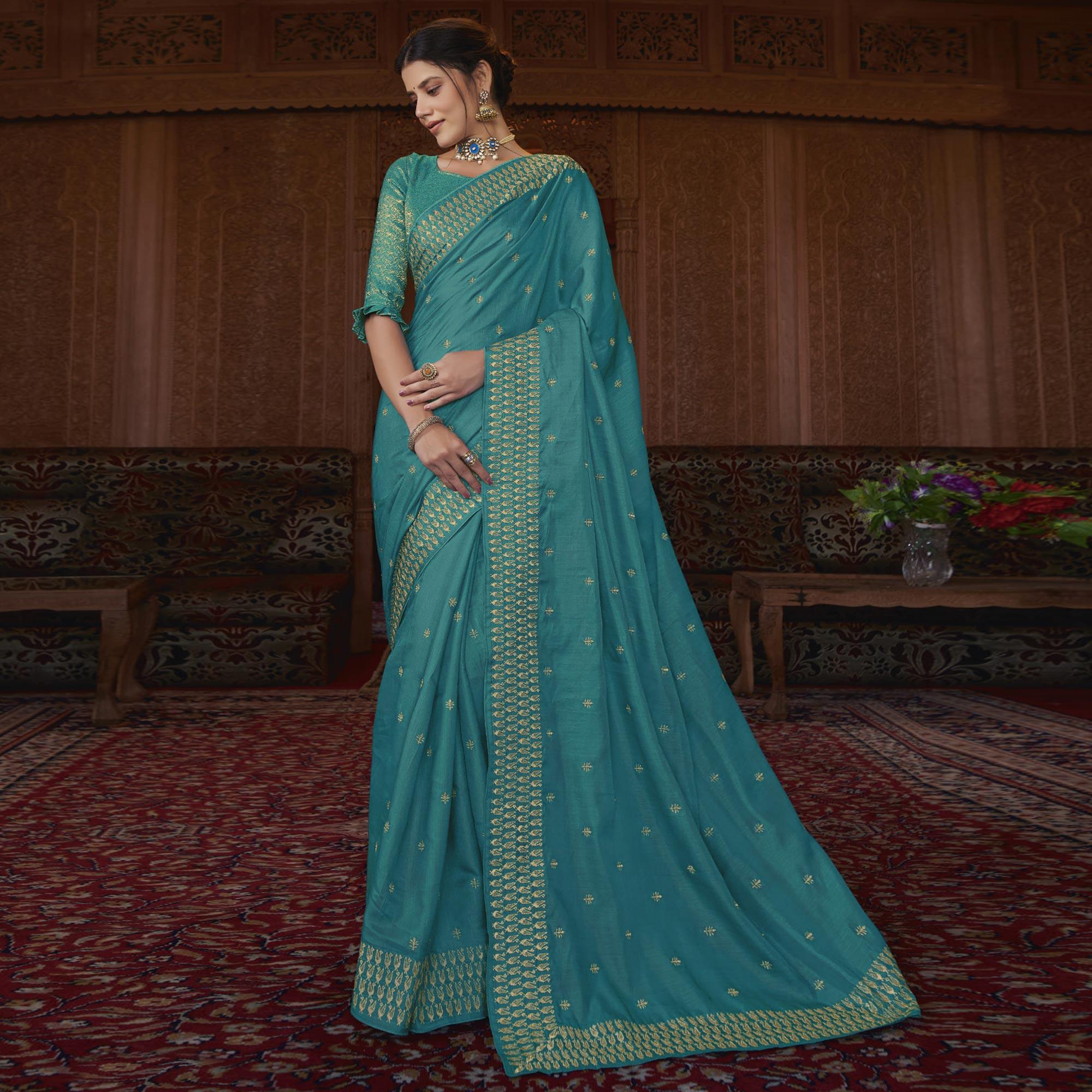 Rama Green Partywear Embroidered Silk Saree - Peachmode