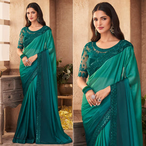 Rama Green Partywear Embroidered Silk Saree - Peachmode