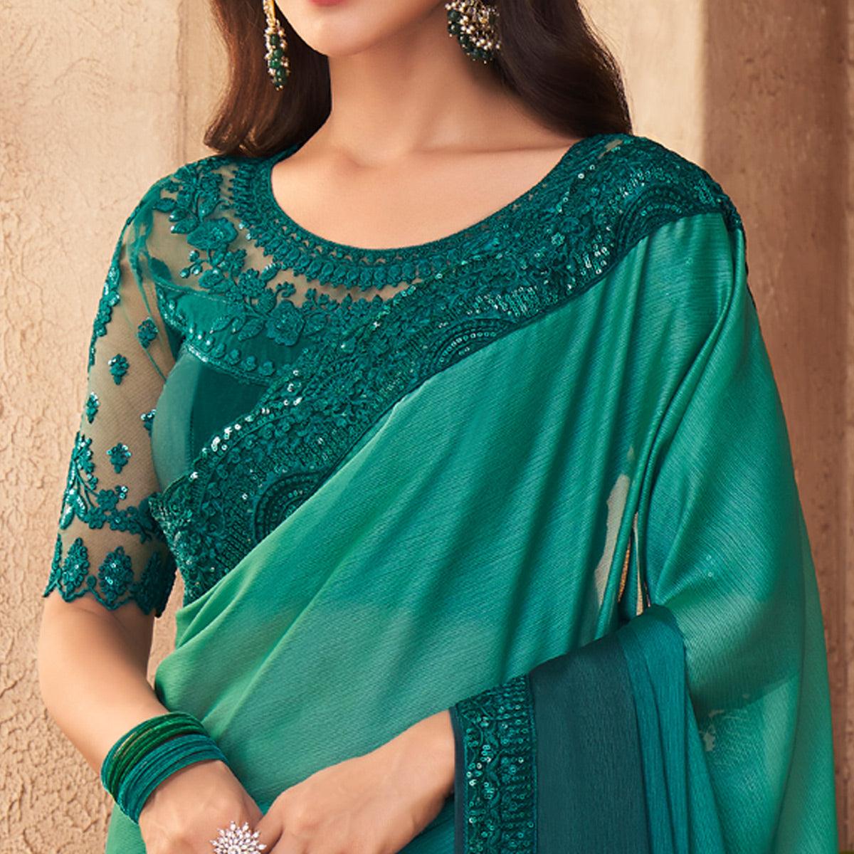 Rama Green Partywear Embroidered Silk Saree - Peachmode