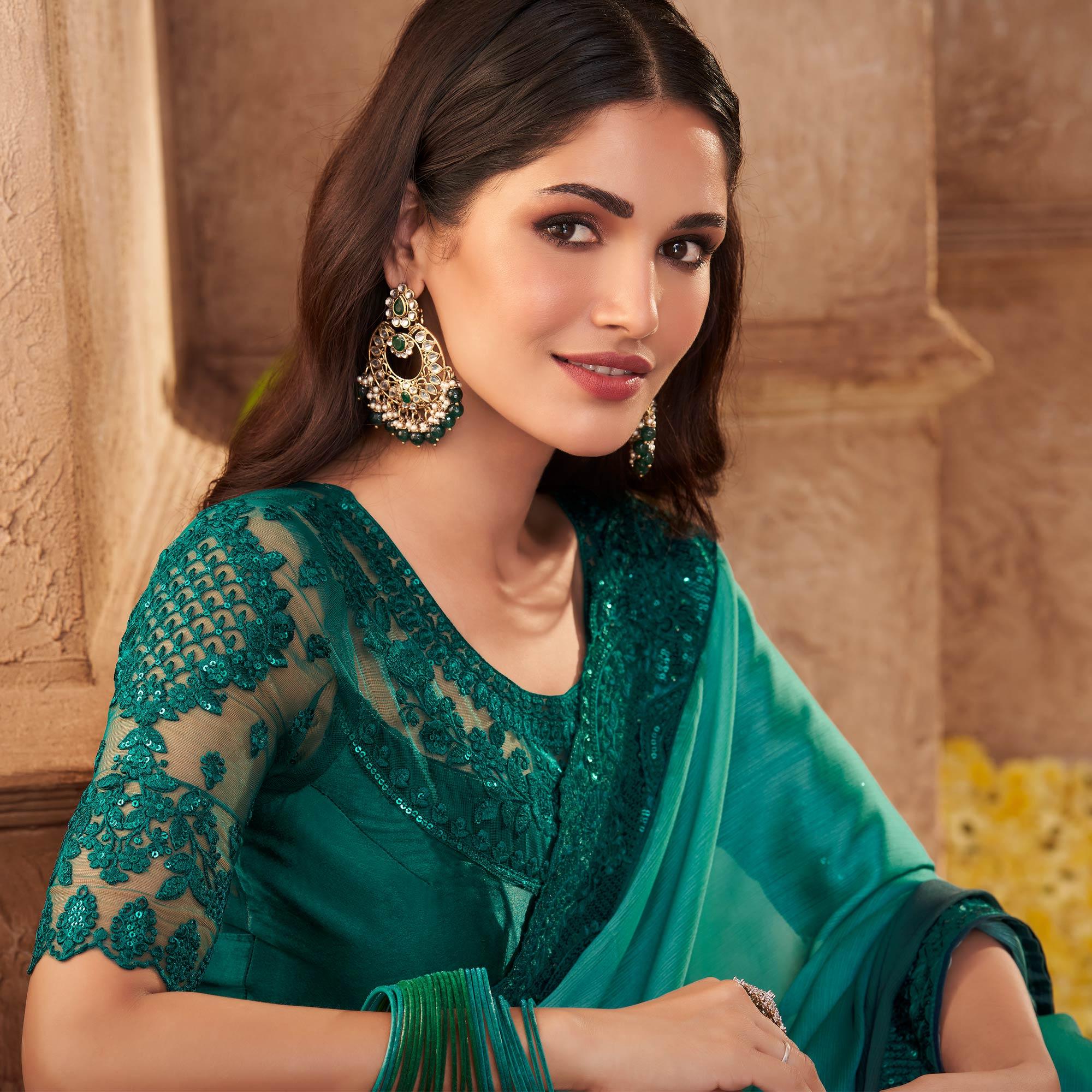 Rama Green Partywear Embroidered Silk Saree - Peachmode