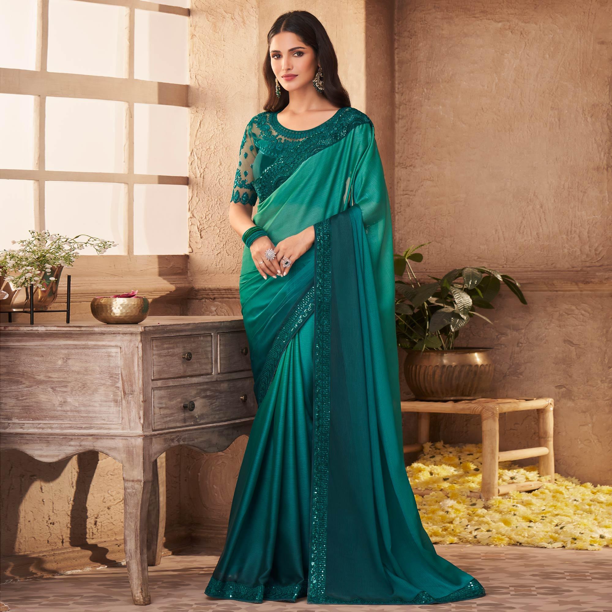 Rama Green Partywear Embroidered Silk Saree - Peachmode