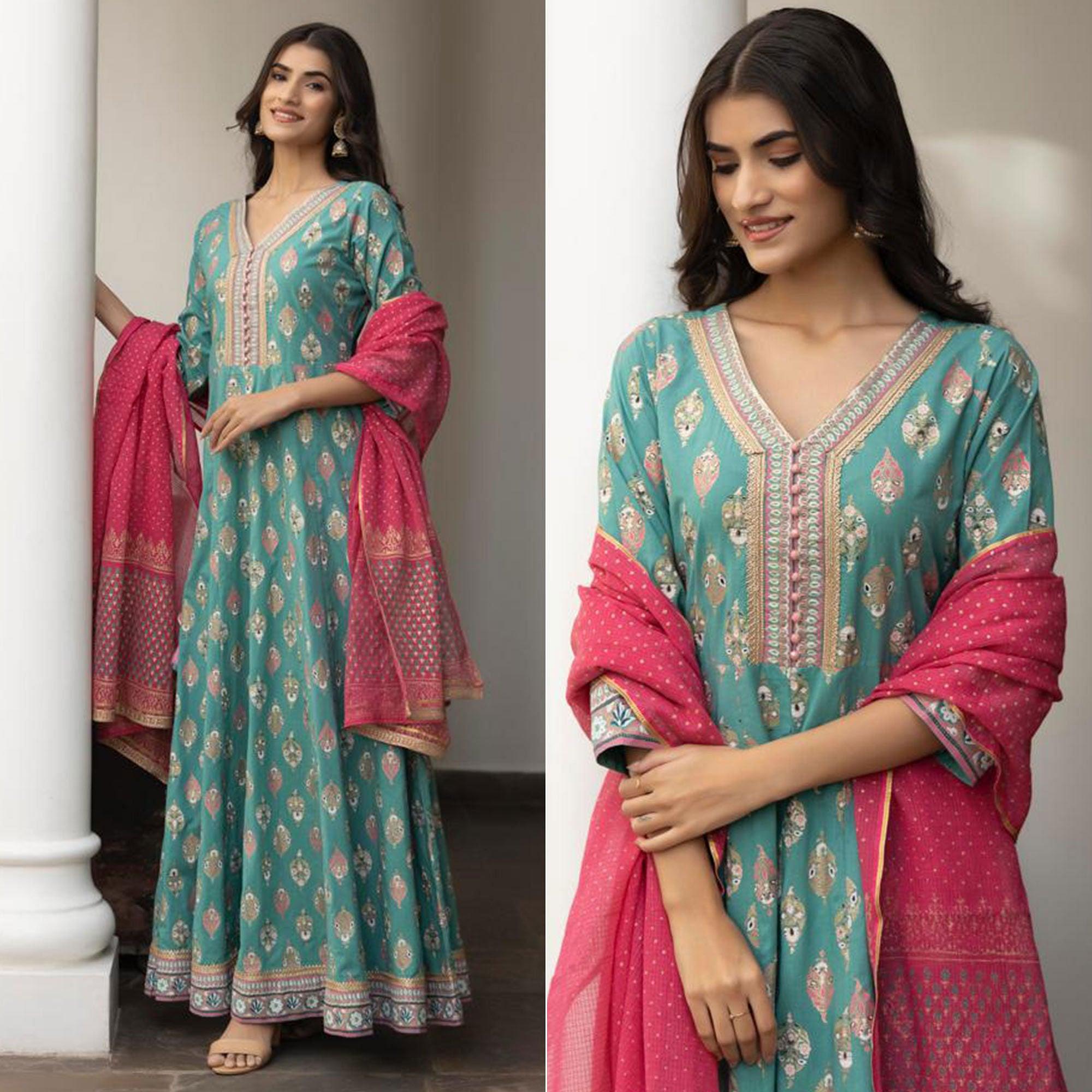 Rama Green Partywear Embroidery With Printed Anarkali Suit - Peachmode