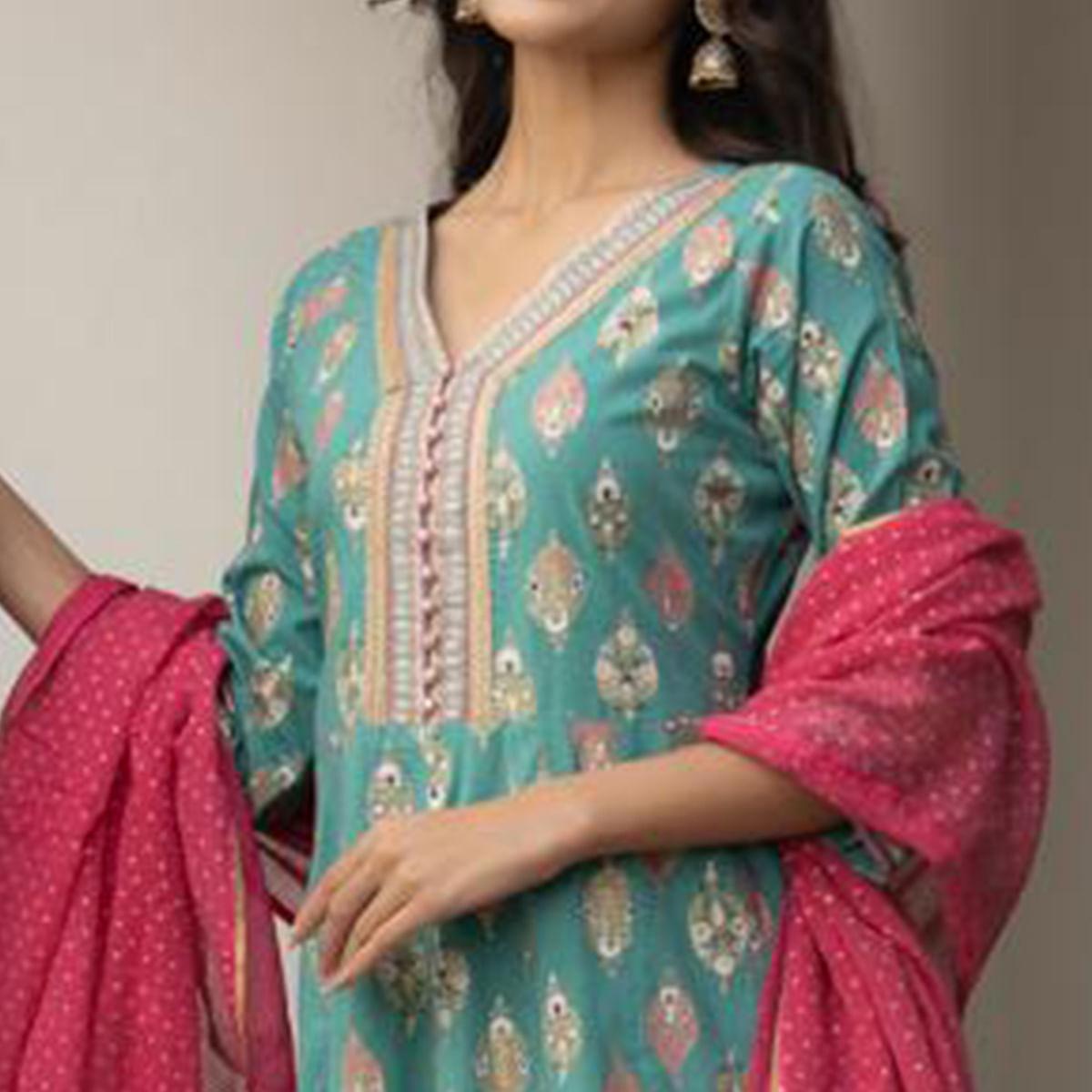 Rama Green Partywear Embroidery With Printed Anarkali Suit - Peachmode