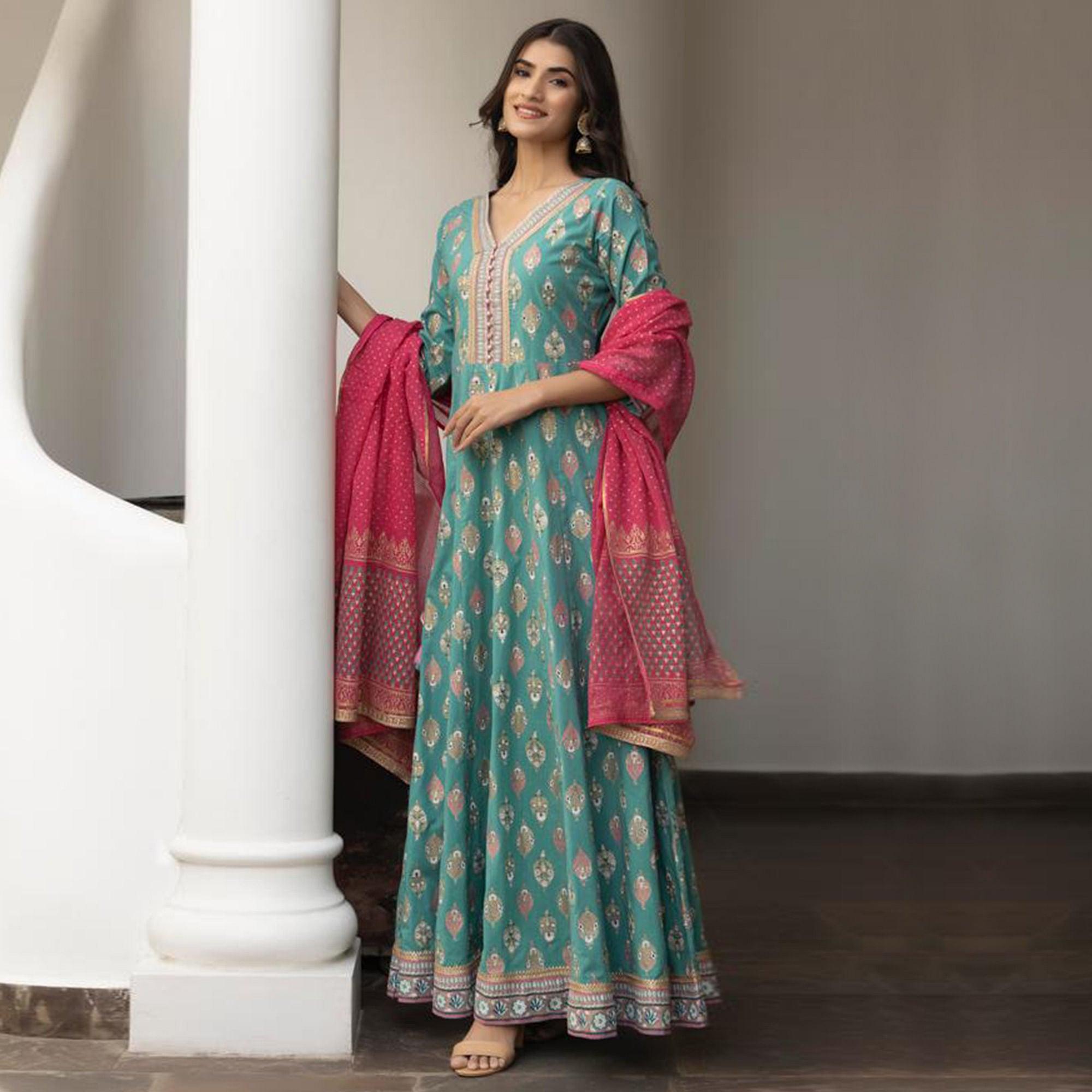 Rama Green Partywear Embroidery With Printed Anarkali Suit - Peachmode