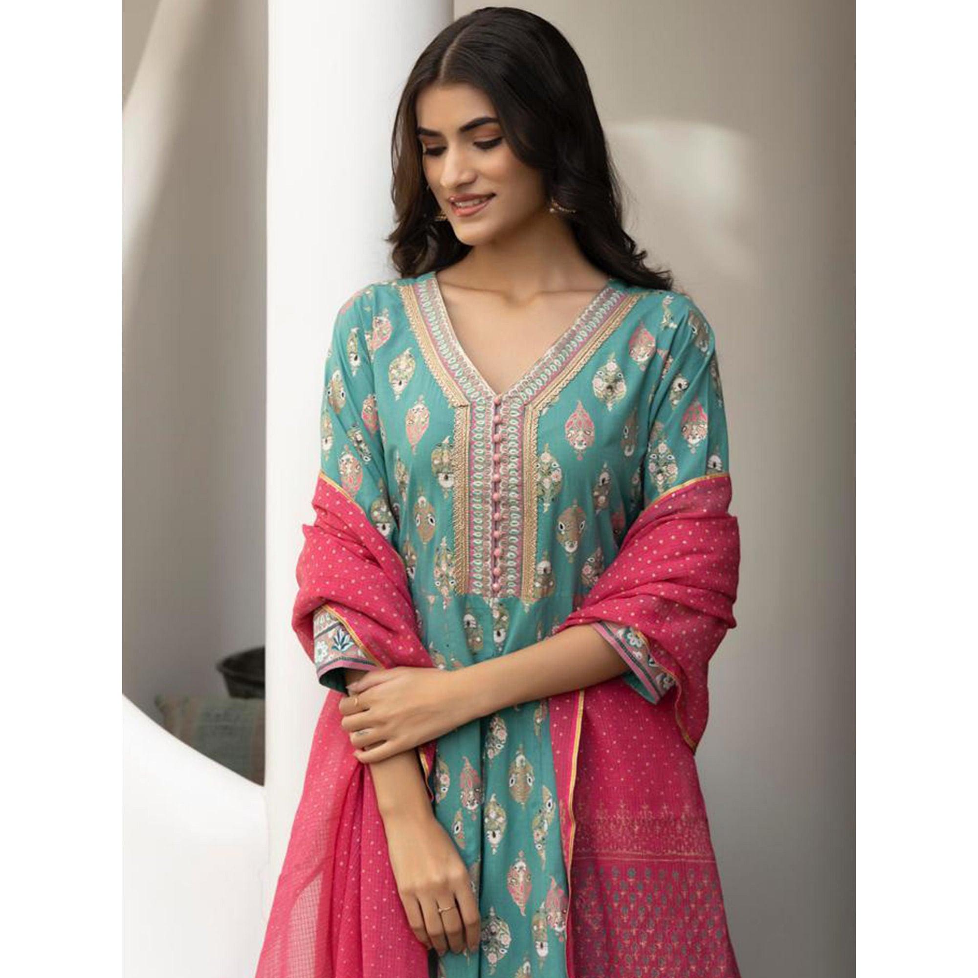 Rama Green Partywear Embroidery With Printed Anarkali Suit - Peachmode