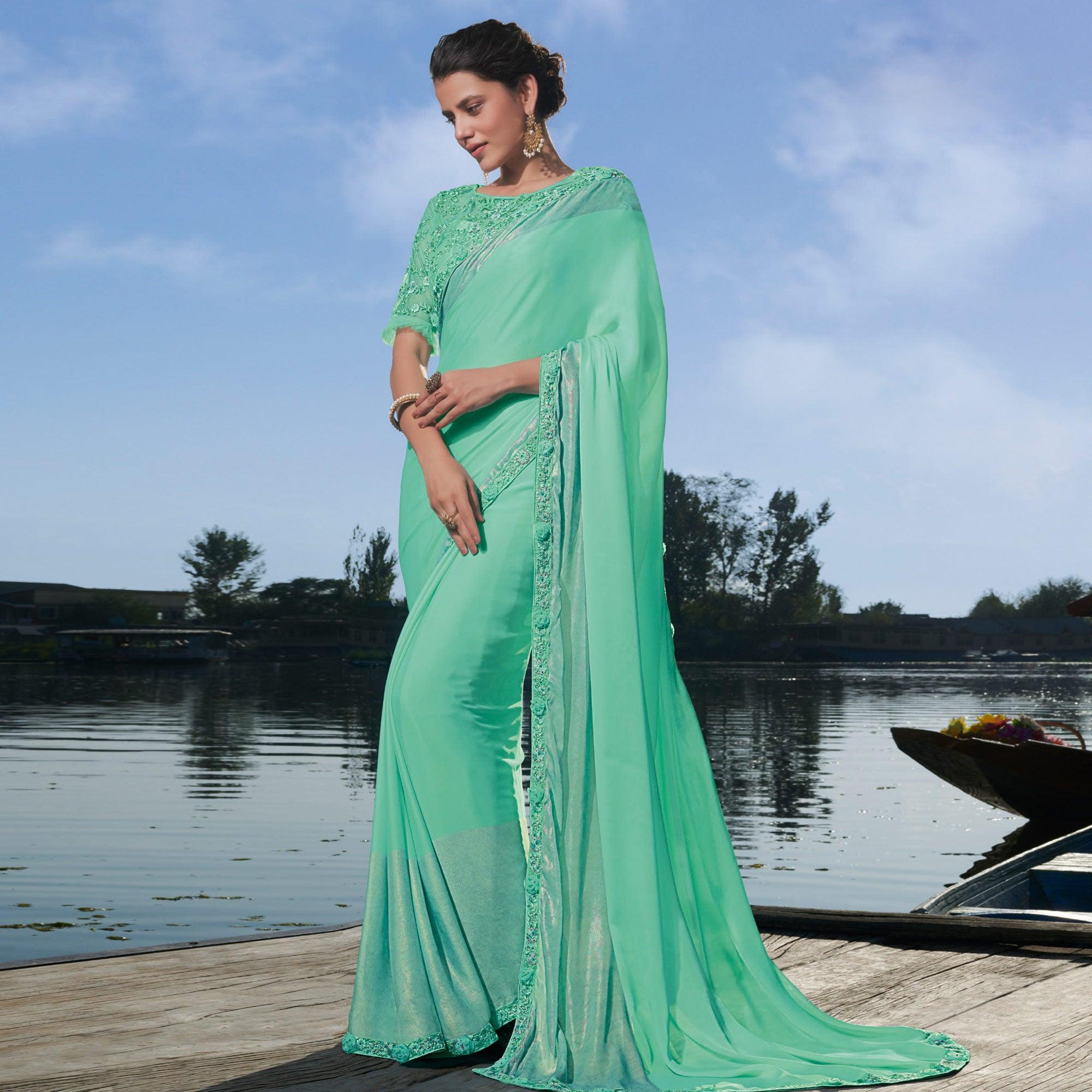Rama Green Partywear Floral Embroidered Chiffon Saree - Peachmode