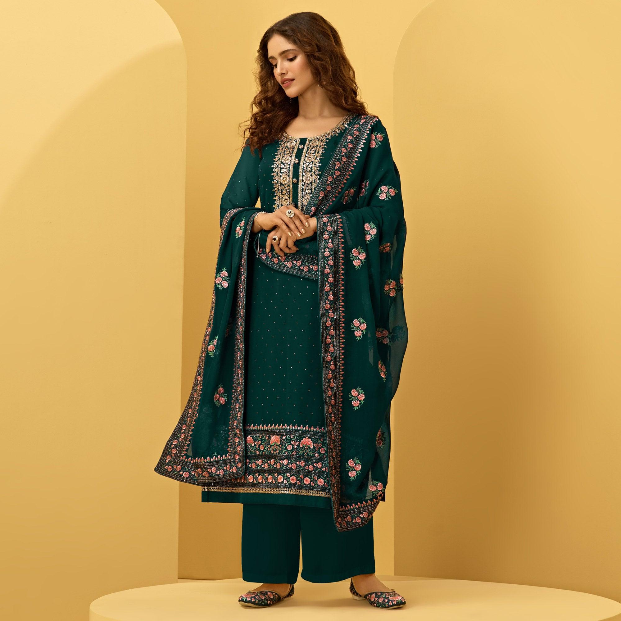 Rama Green Partywear Floral Zari Embroidery With Swarovski Georgette Palazzo Suit - Peachmode