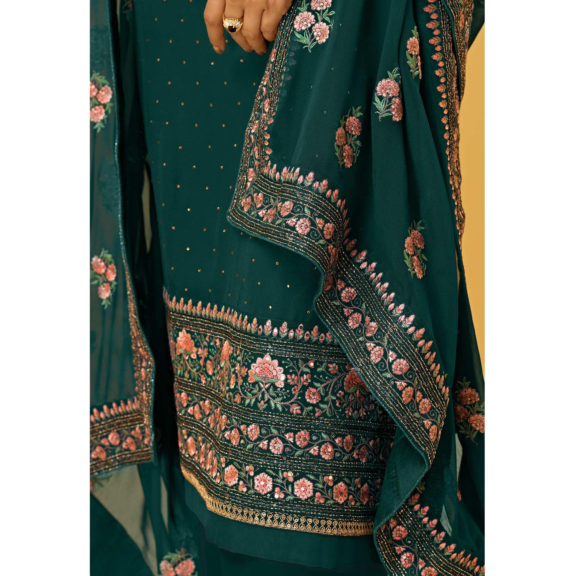 Rama Green Partywear Floral Zari Embroidery With Swarovski Georgette Palazzo Suit - Peachmode