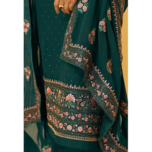 Rama Green Partywear Floral Zari Embroidery With Swarovski Georgette Palazzo Suit - Peachmode