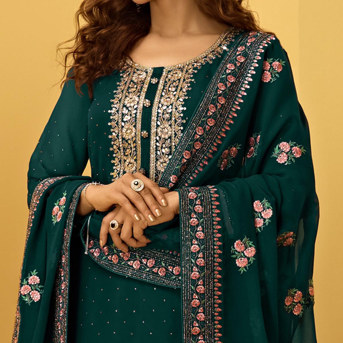 Rama Green Partywear Floral Zari Embroidery With Swarovski Georgette Palazzo Suit - Peachmode