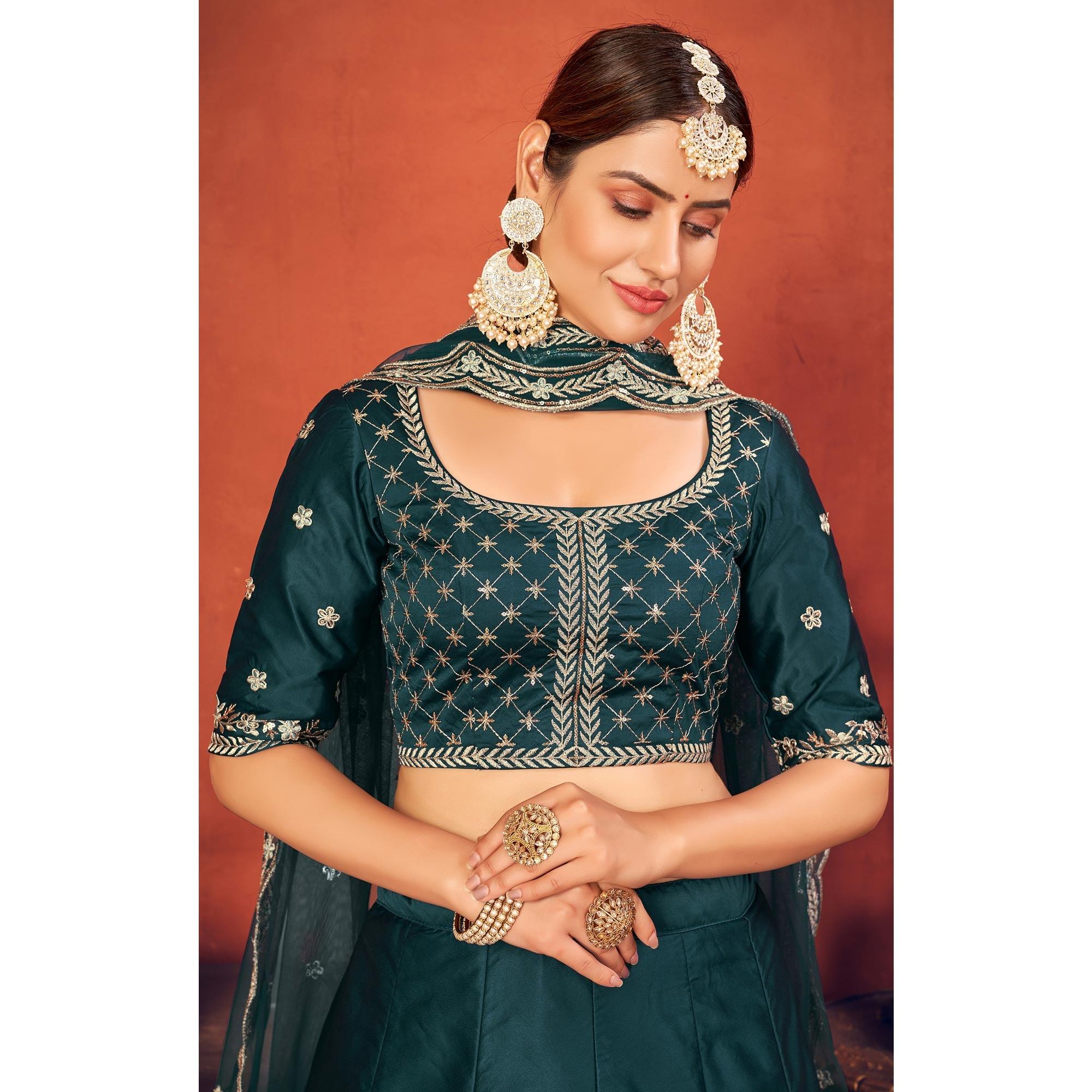 Rama Green Partywear Sequence Embroidered Art Silk Lehenga Choli - Peachmode