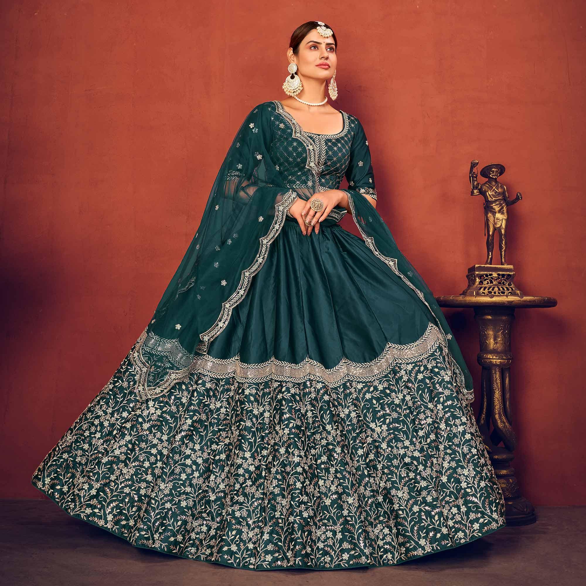 Rama Green Partywear Sequence Embroidered Art Silk Lehenga Choli - Peachmode