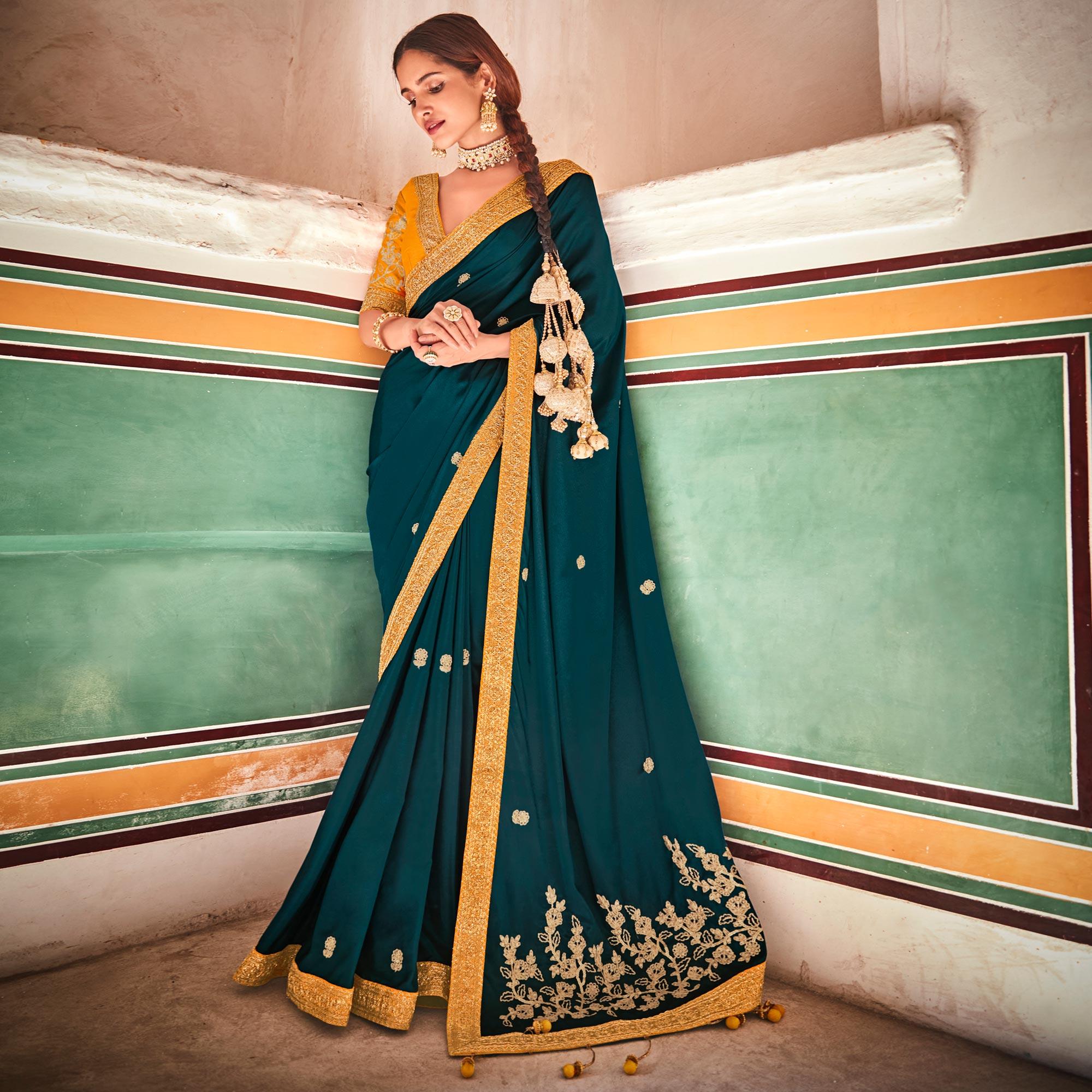 Rama Green Partywear Silk Saree - Peachmode