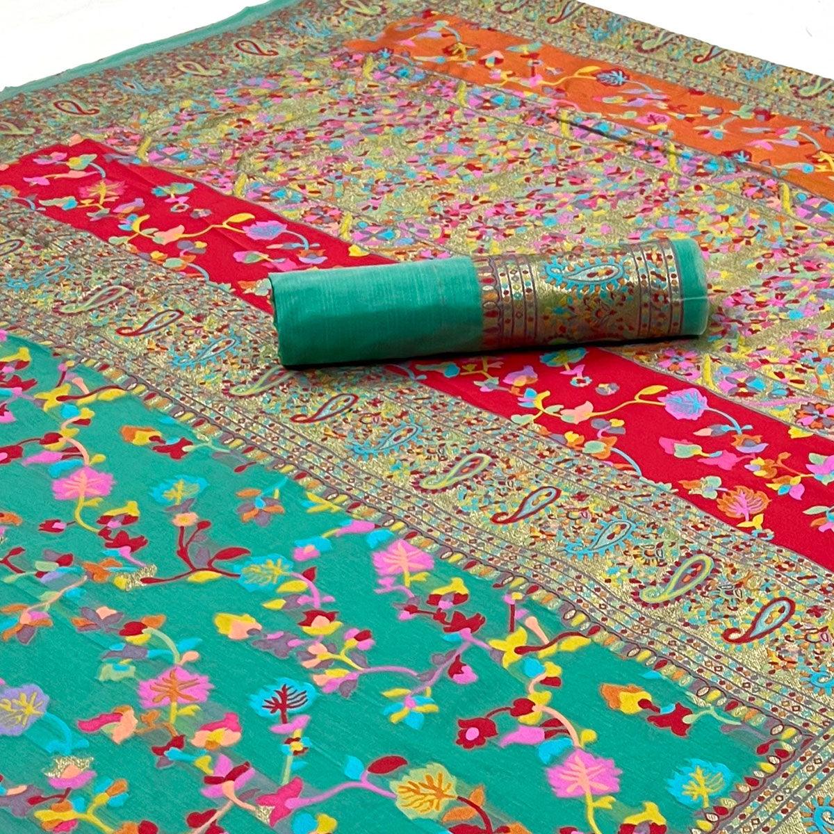 Rama Green Printed Chanderi Saree - Peachmode