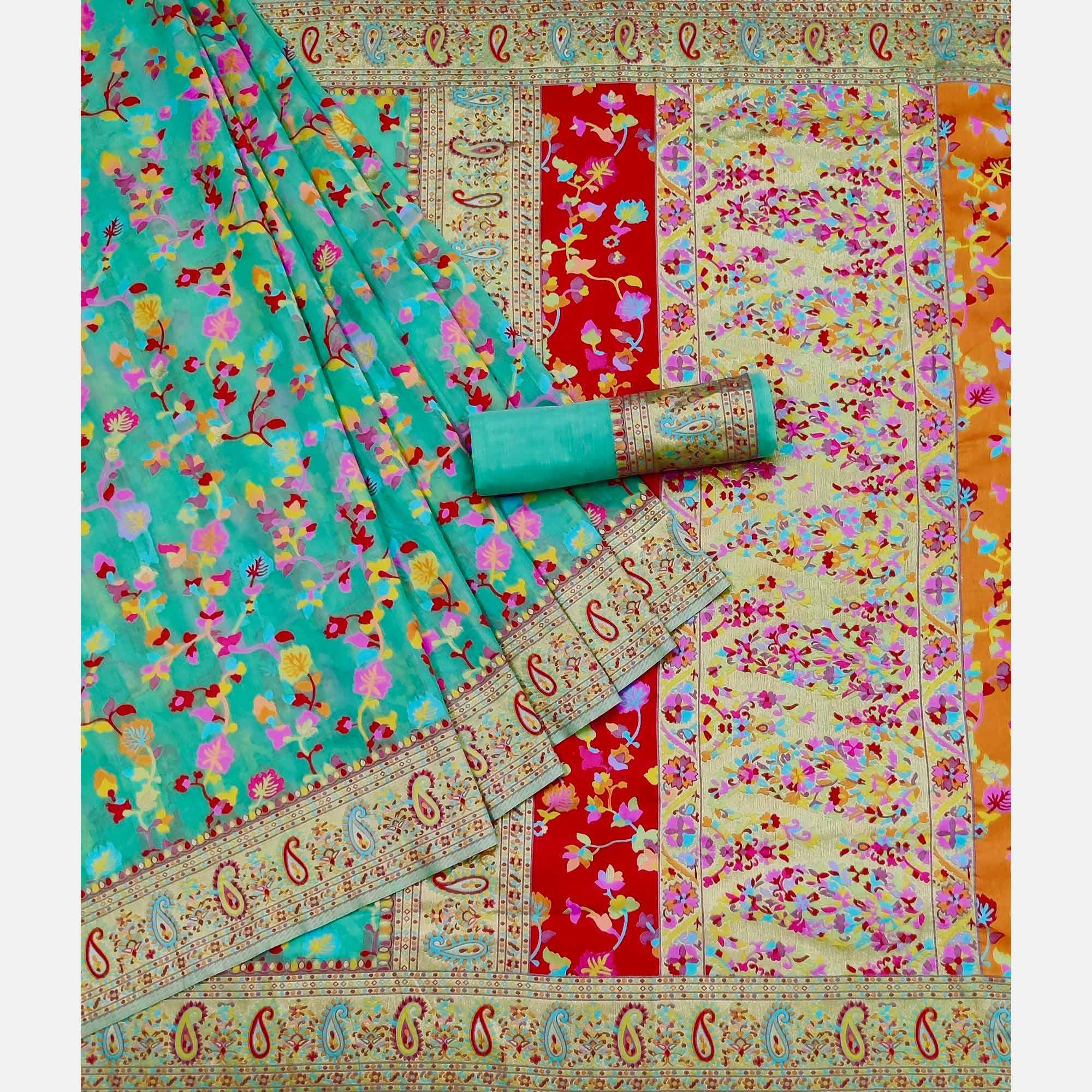 Rama Green Printed Chanderi Saree - Peachmode