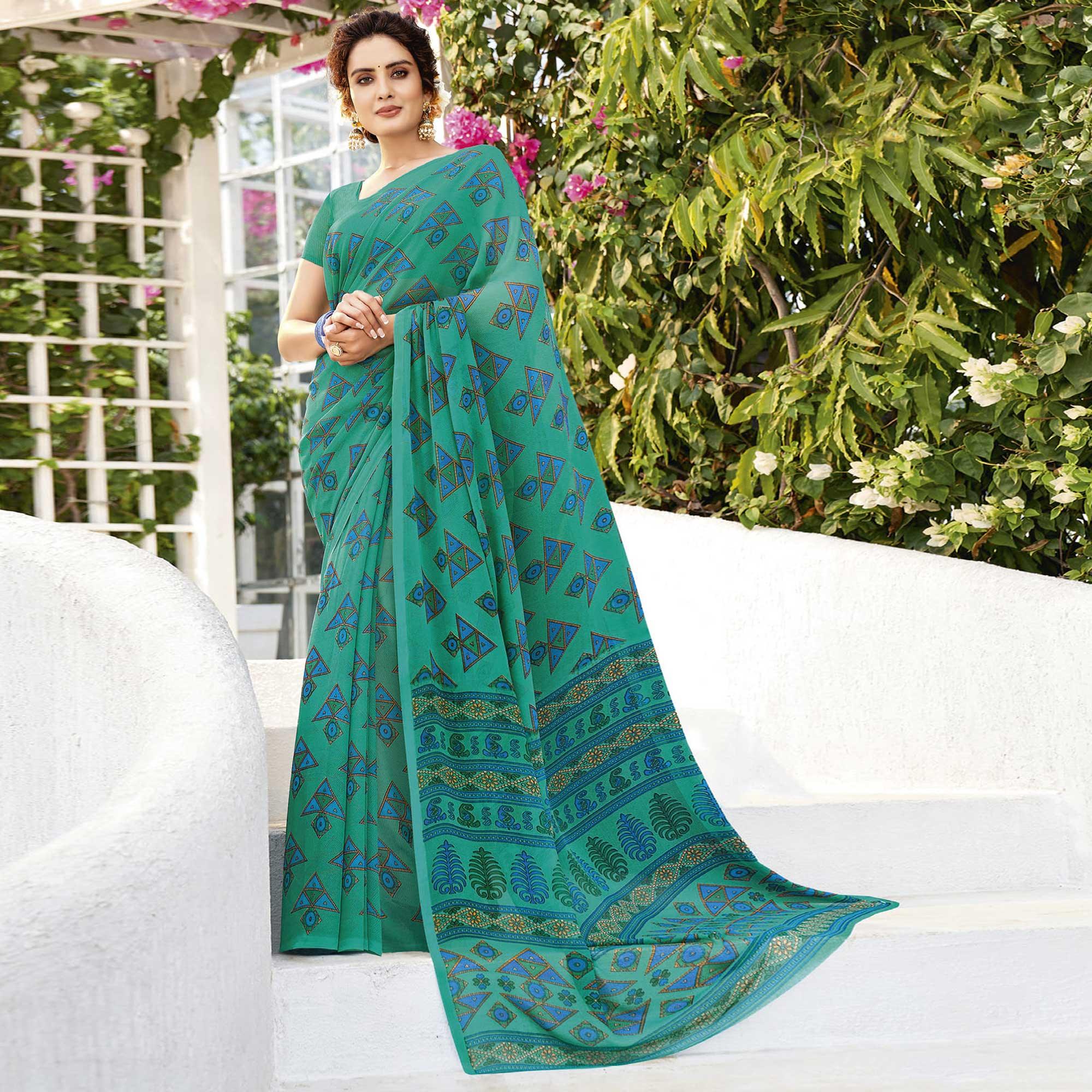 Rama Green Printed Georgette Saree - Peachmode