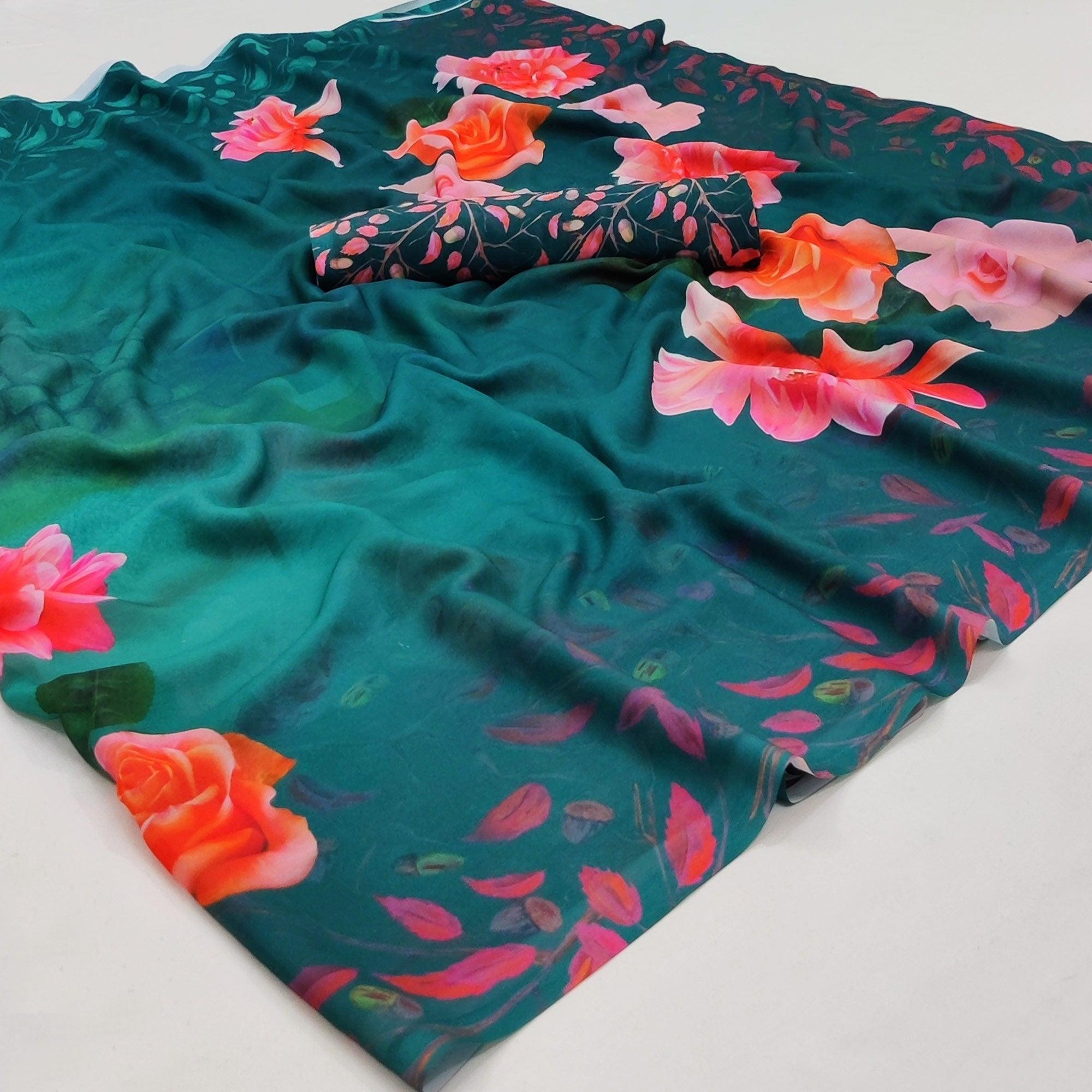 Rama Green Printed Georgette Saree - Peachmode