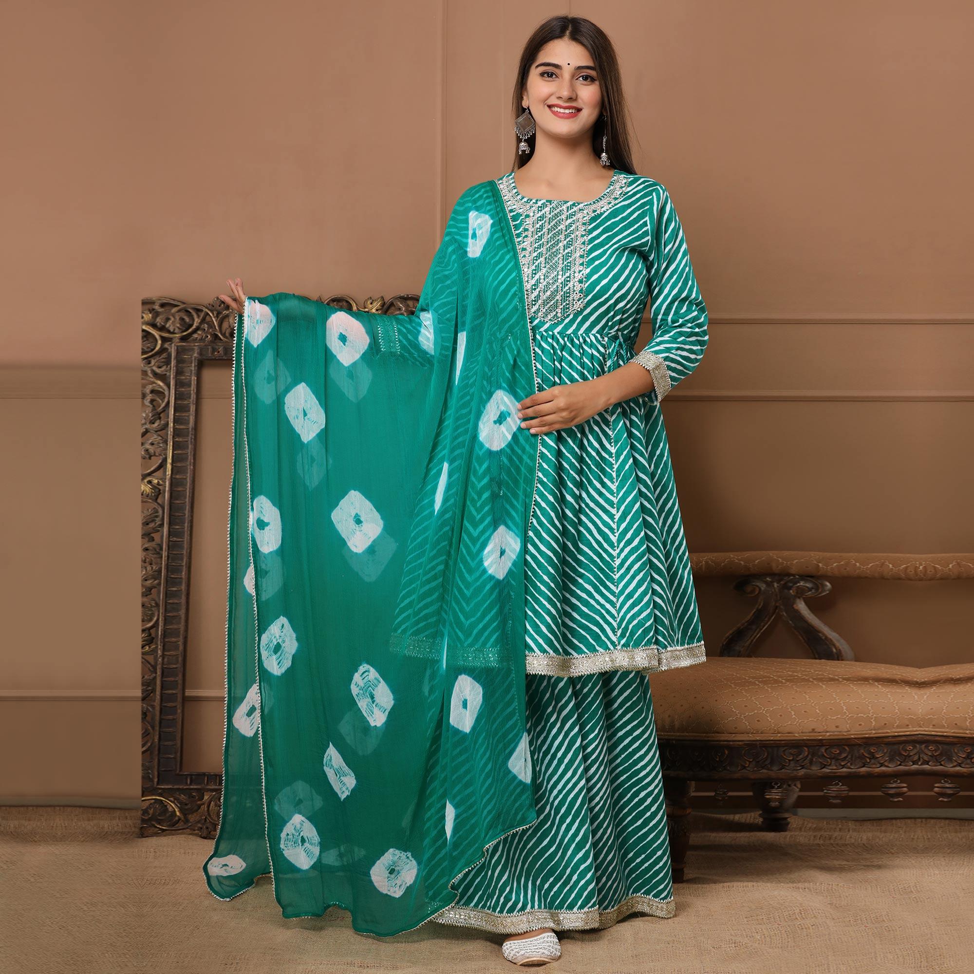 Rama Green Printed With Embroidered Pure Cotton Sharara Suit - Peachmode