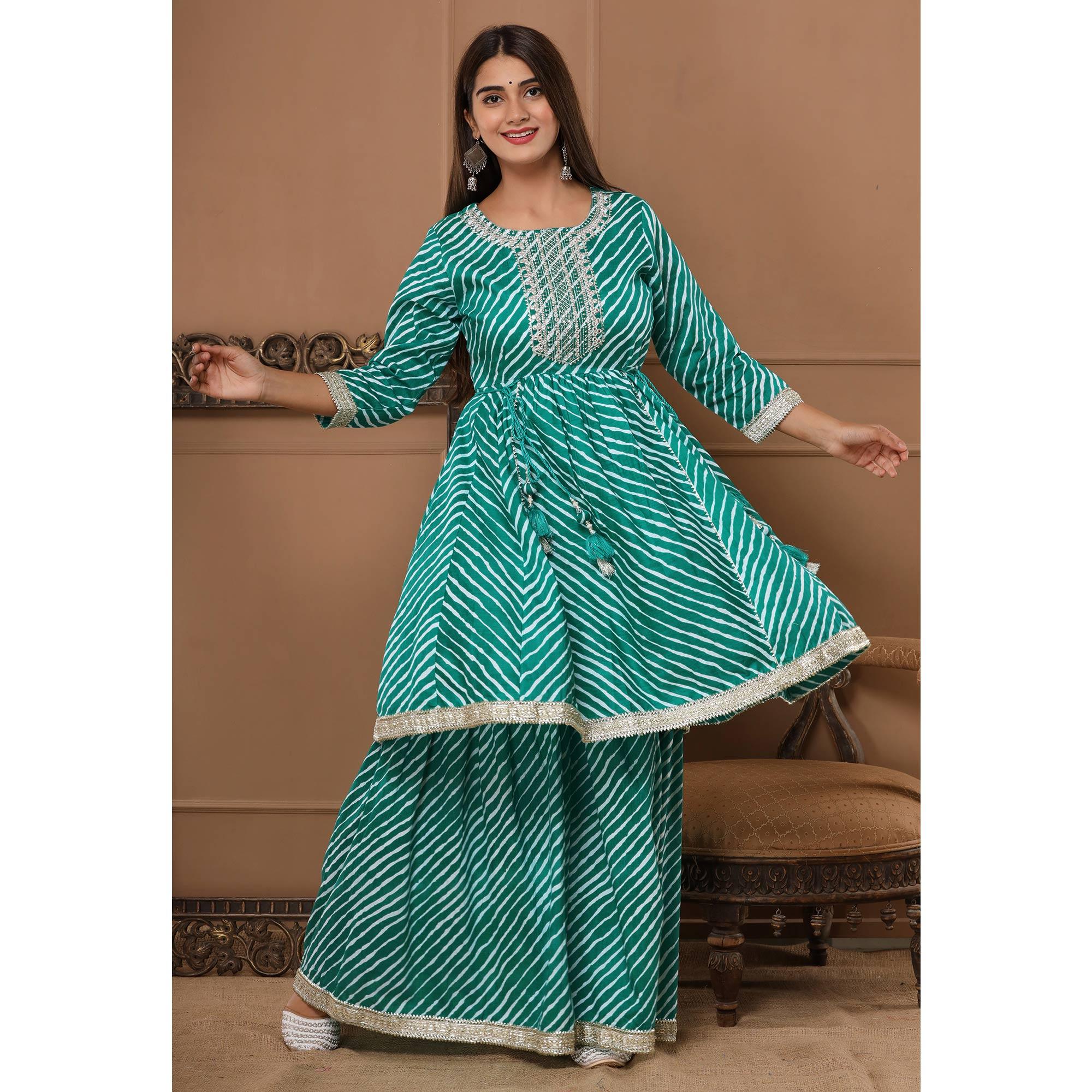 Rama Green Printed With Embroidered Pure Cotton Sharara Suit - Peachmode